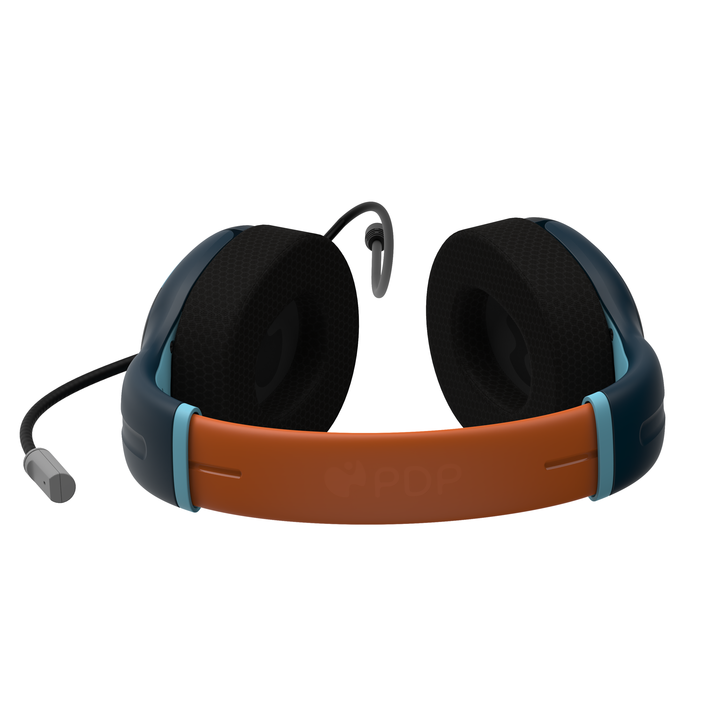 Niebieski i pomarańczowy zestaw słuchawkowy z mikrofonem i nausznikami.