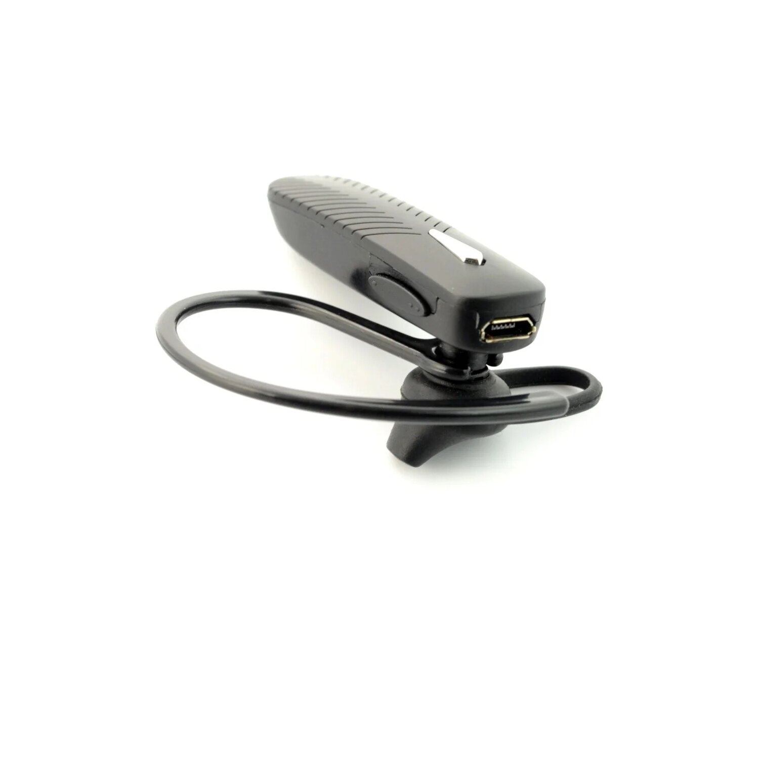 Ein schwarzes Bluetooth-Headset mit gebogenem Ohrbügel, auf weißem Hintergrund.
