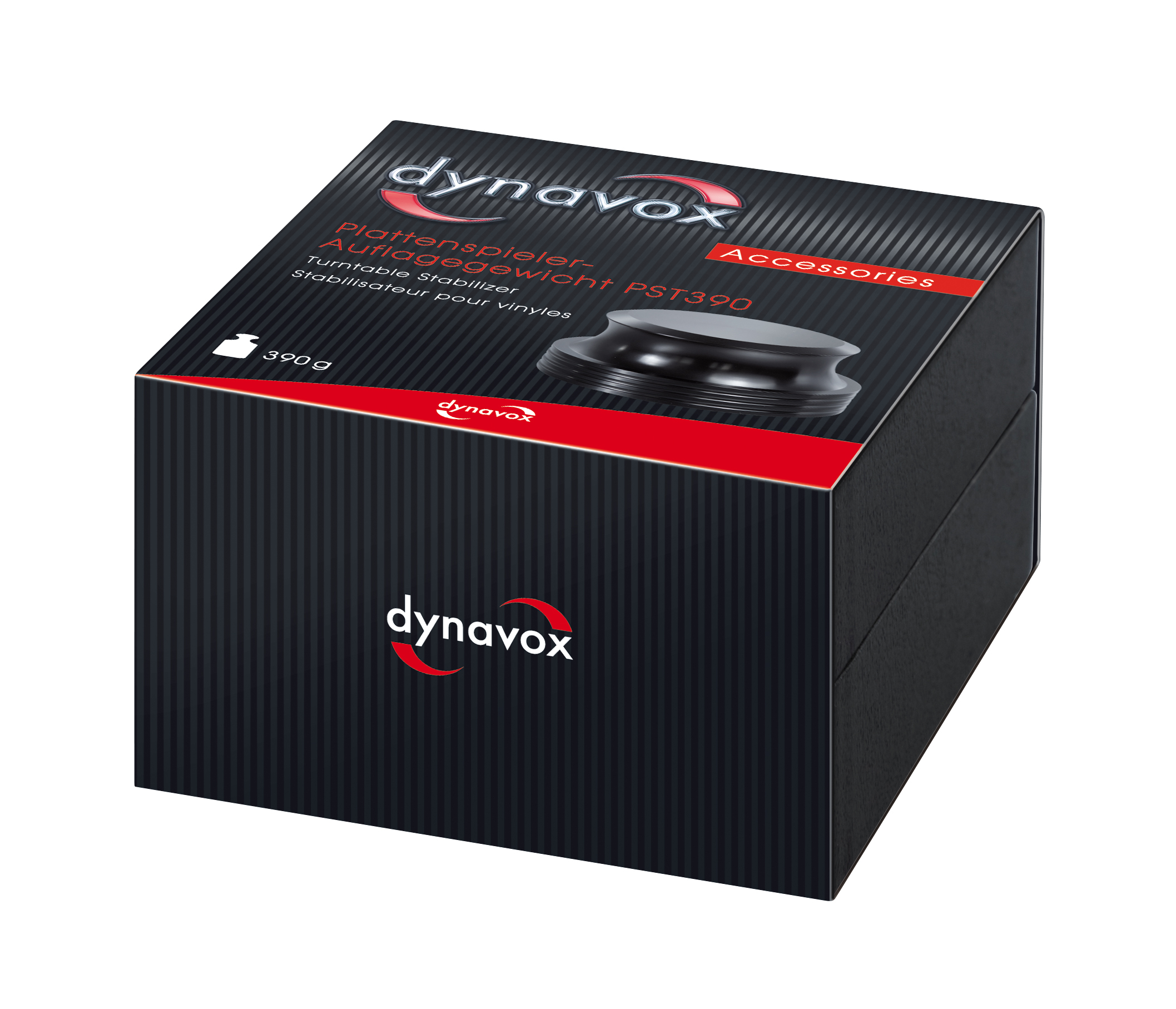 Eine schwarze Plattenbeschwererbox mit Dynavox-Logo und Produktinformationen auf weißem Hintergrund.