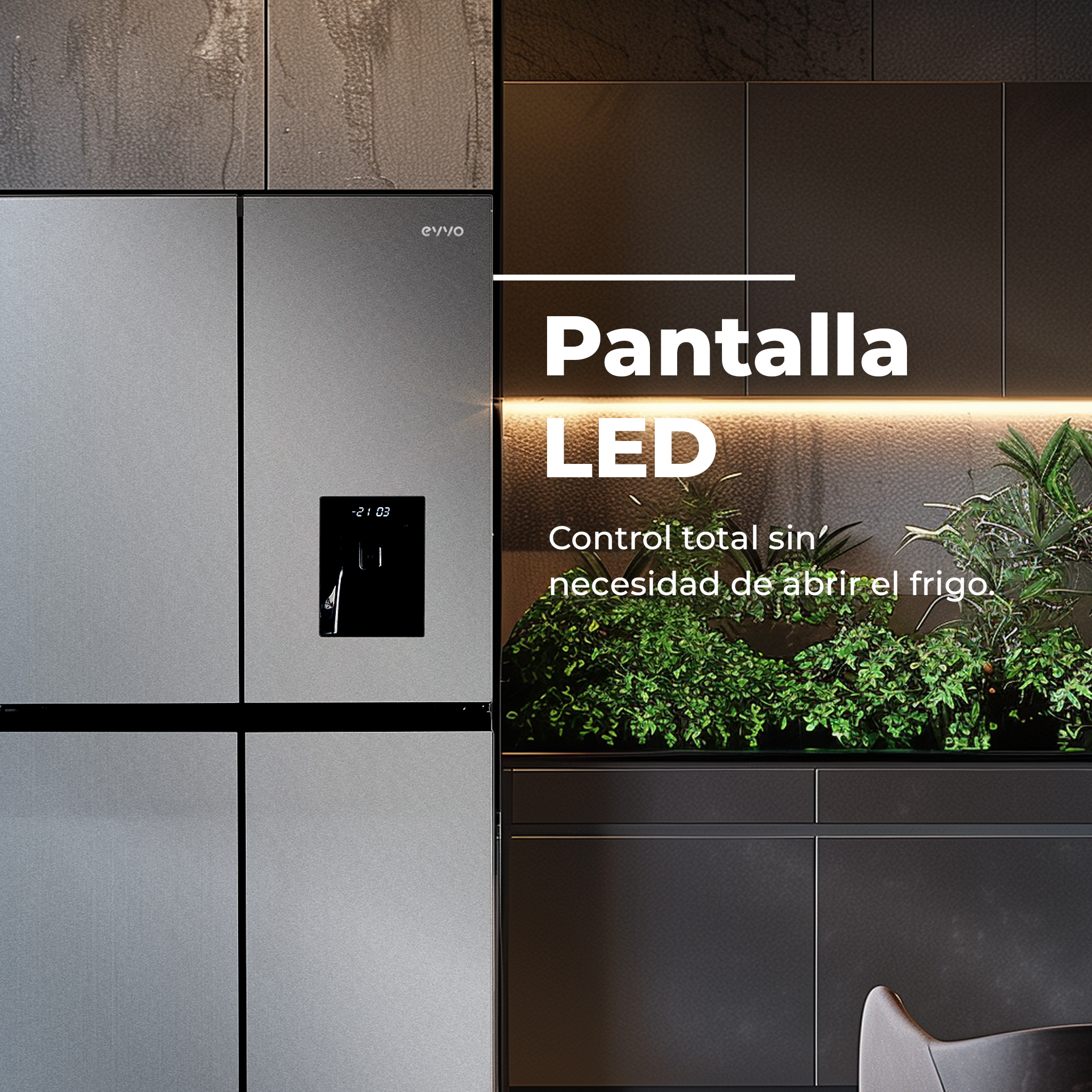 Refrigerador moderno con pantalla LED y dispensador negro con fondo verde.