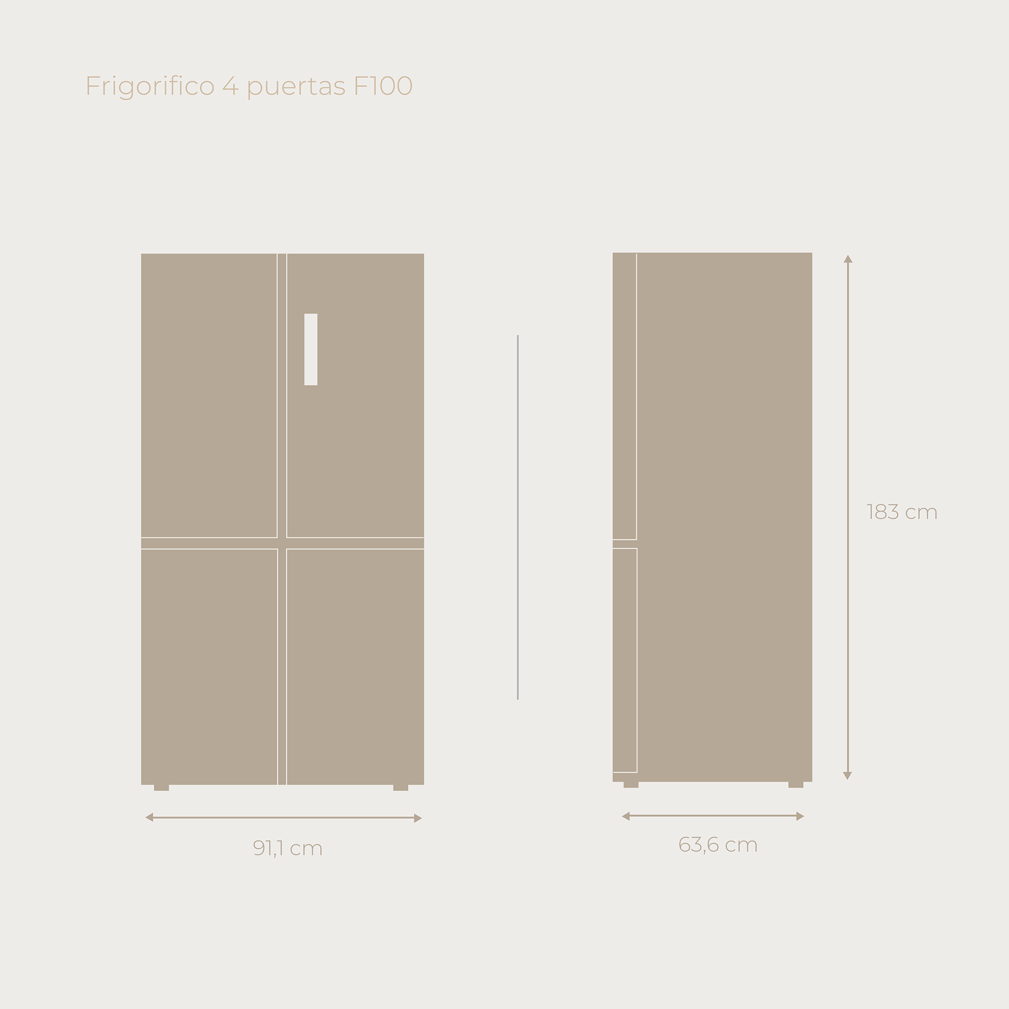 Diagrama de un frigorífico, mostrando sus dimensiones (91.1 cm x 63.6 cm x 183 cm).