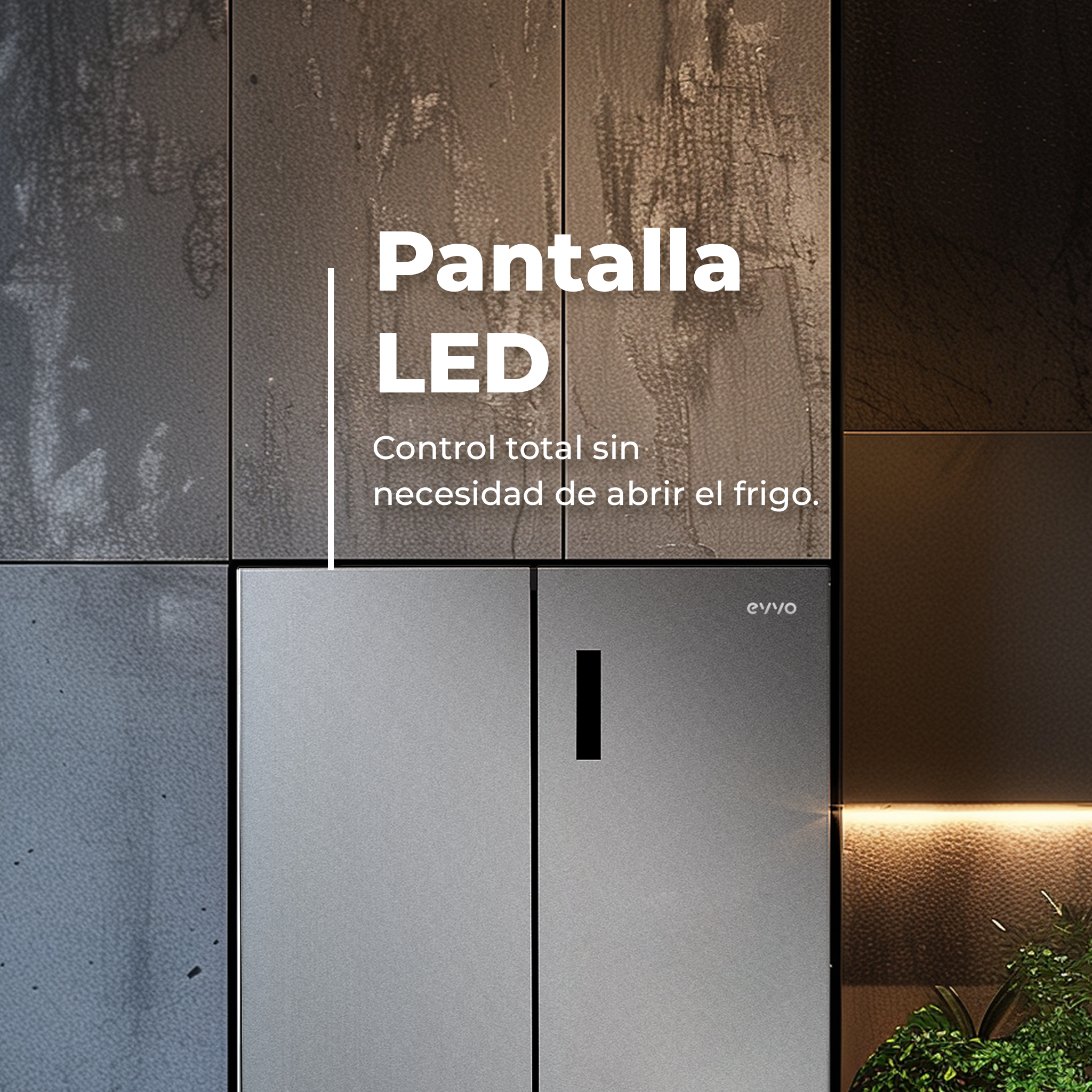 Un refrigerador con pantalla LED. El texto en la pantalla dice 'Pantalla LED'.