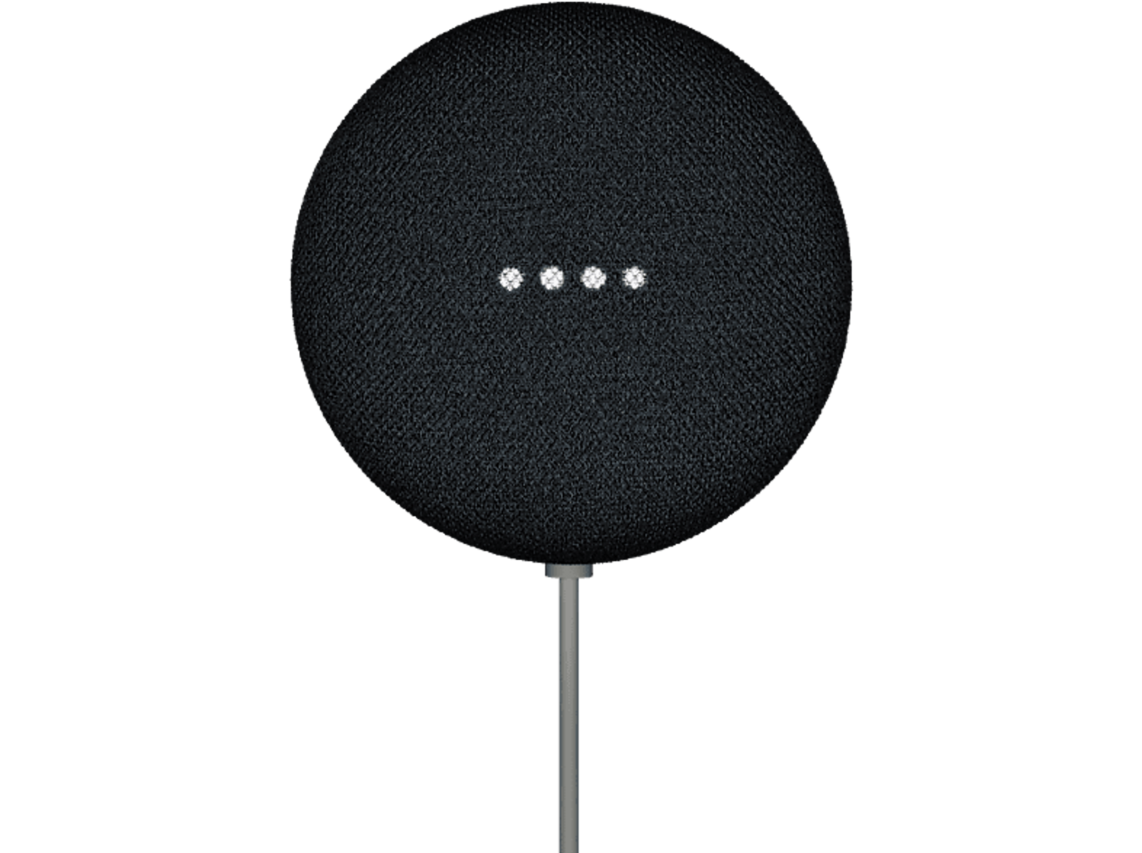 Un piccolo altoparlante intelligente Google Nest Mini nero con spie luminose bianche e un cavo di alimentazione argentato.