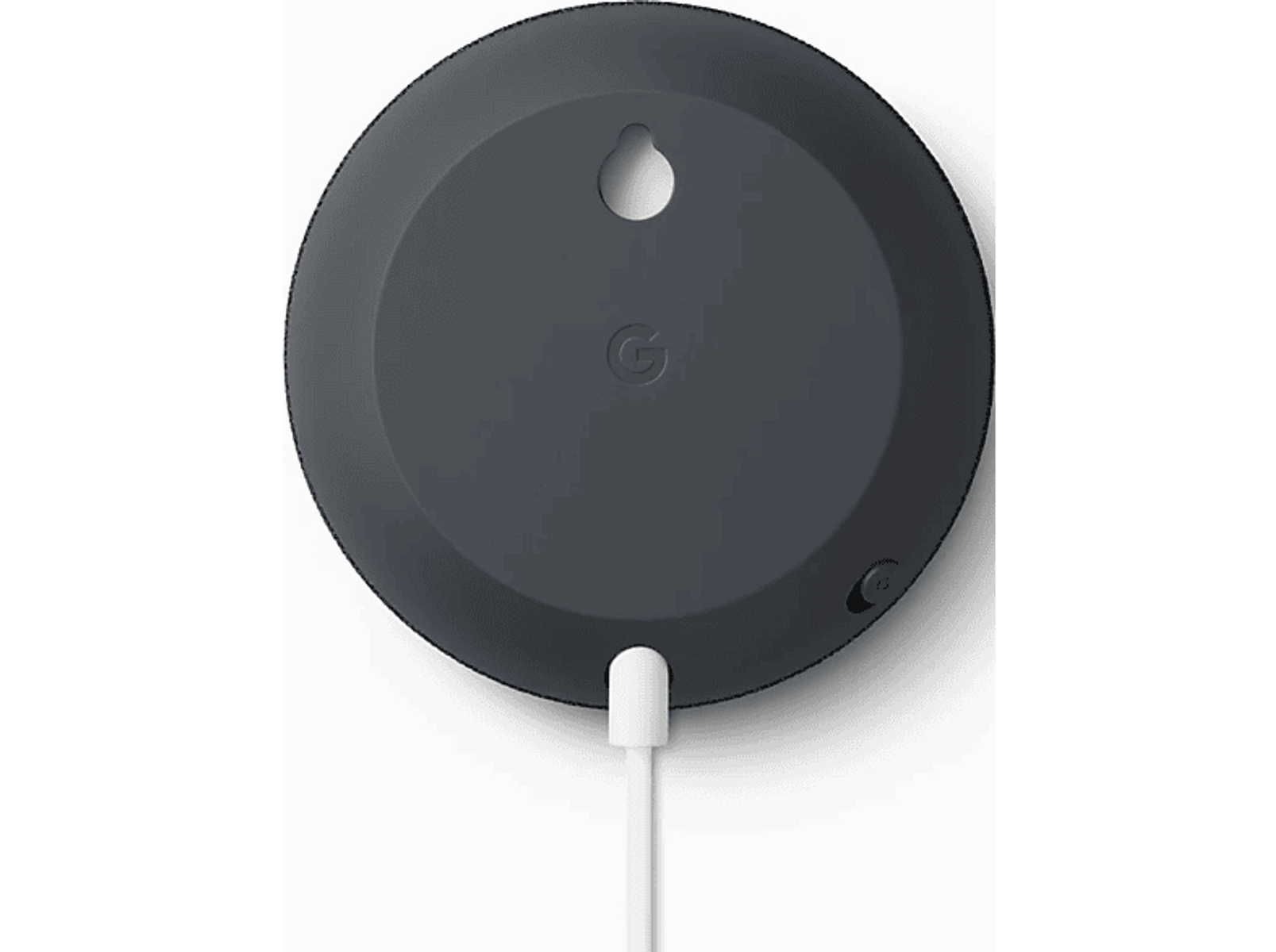 Un Google Nest Mini, grigio scuro, con un cavo bianco. Il retro ha un anello per appenderlo.