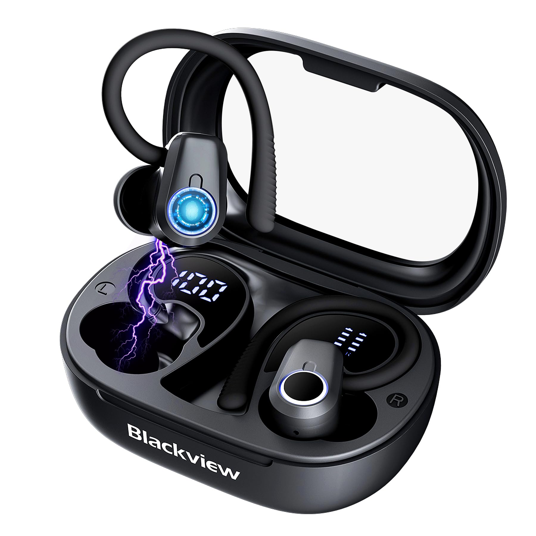 Custodia per auricolari nera con auricolari wireless. Grafica a fulmine sullo schermo. Marchio Blackview.