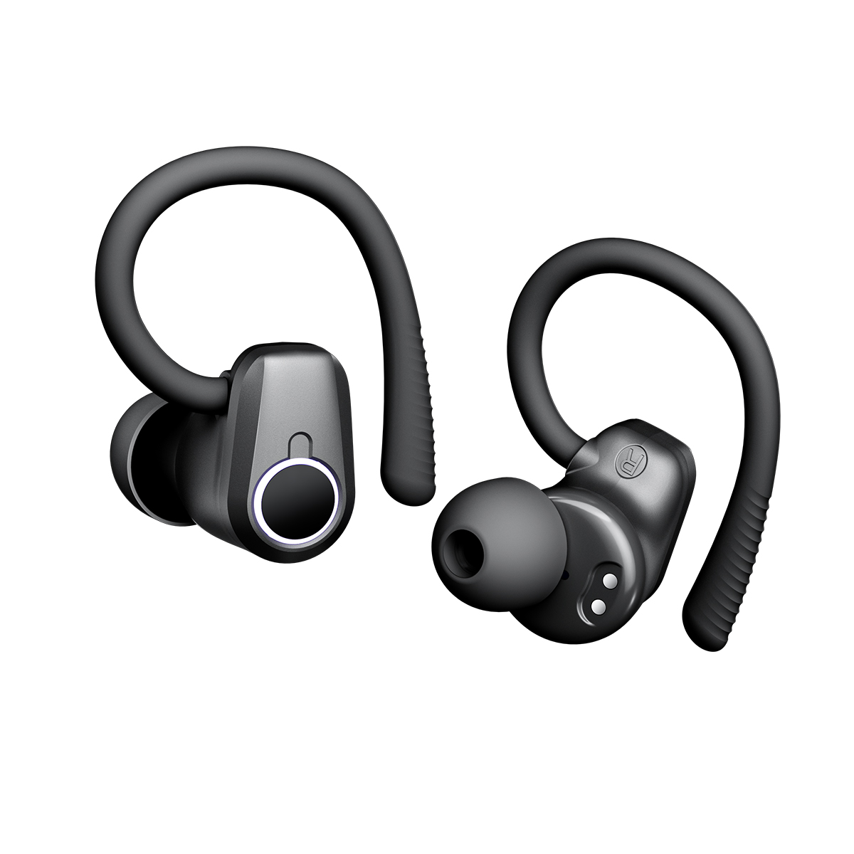 Due auricolari wireless neri con ganci per le orecchie, su sfondo bianco.