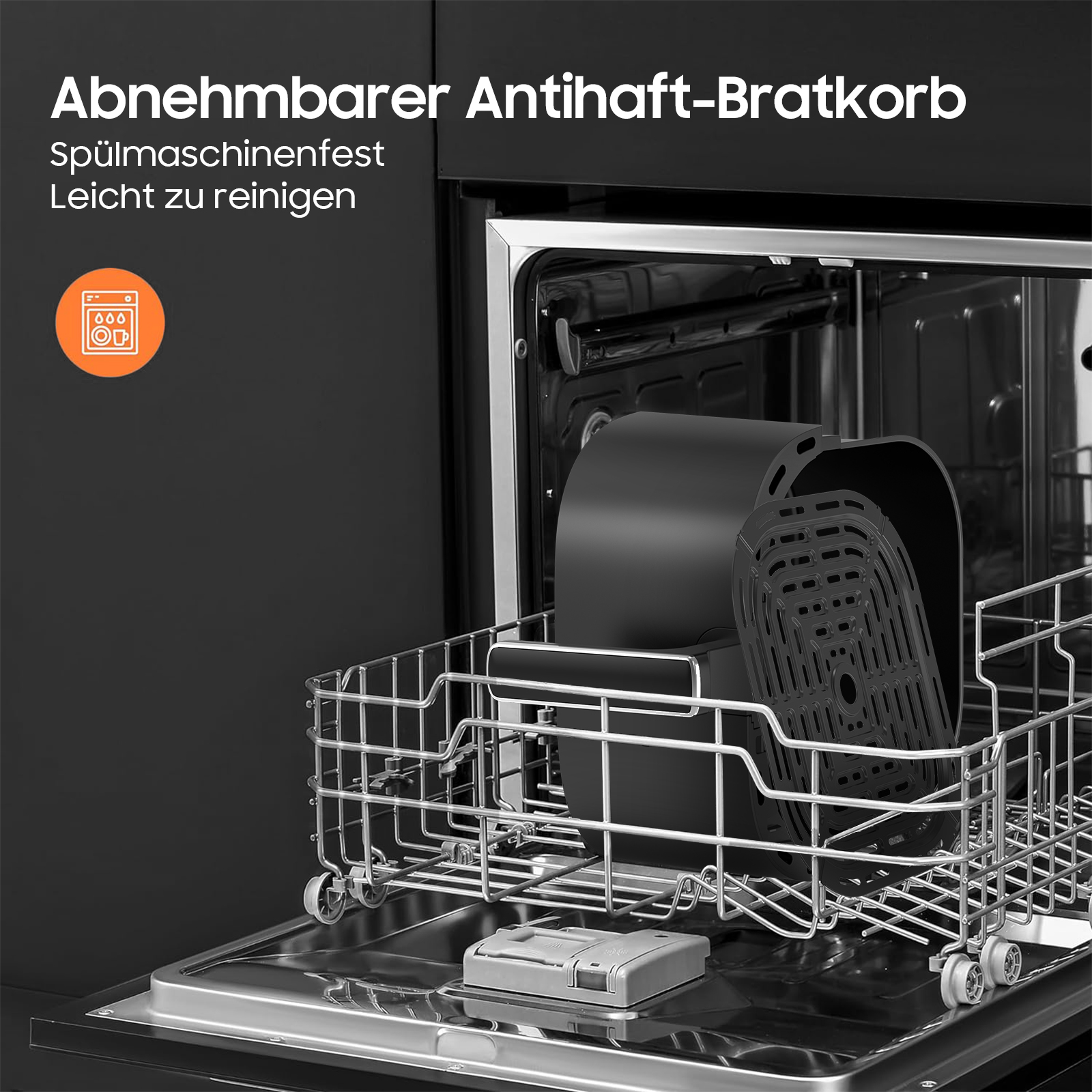 Eine offene Spülmaschine mit schwarzen Airfryer-Komponenten in einem Metallkorb. Text auf Deutsch über der Maschine.