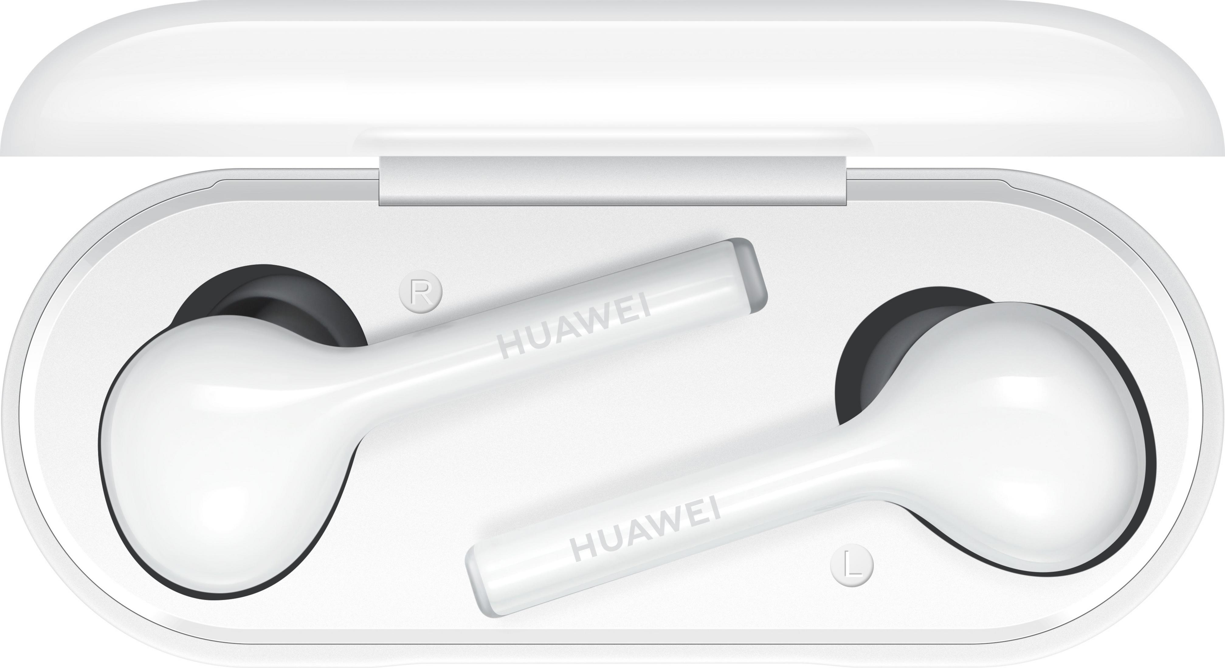 Weiße kabellose Ohrhörer in ihrem Ladecase. Jeder Ohrhörer hat das Wort Huawei darauf.