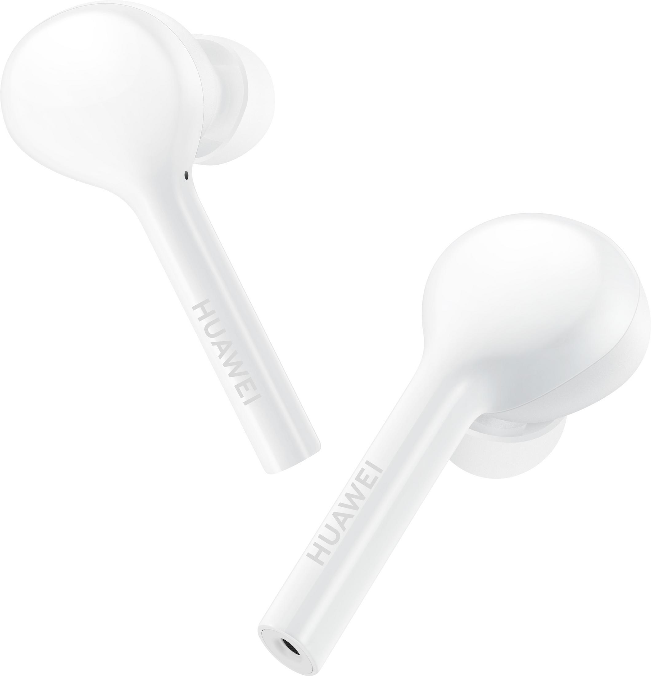 Weiße Huawei-Ohrhörer, leicht angewinkelt. Der Markenname ist auf den Stielen sichtbar, mit einem sauberen, minimalistischen Design.