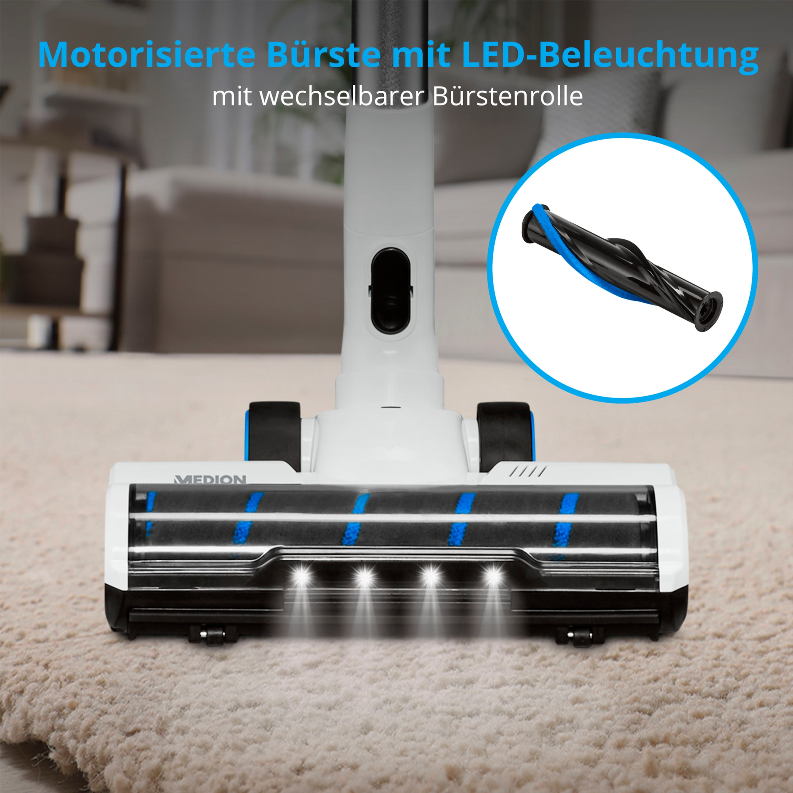 A white vacuum cleaner head with blue bristles. It's on a carpet, and has LED lights.