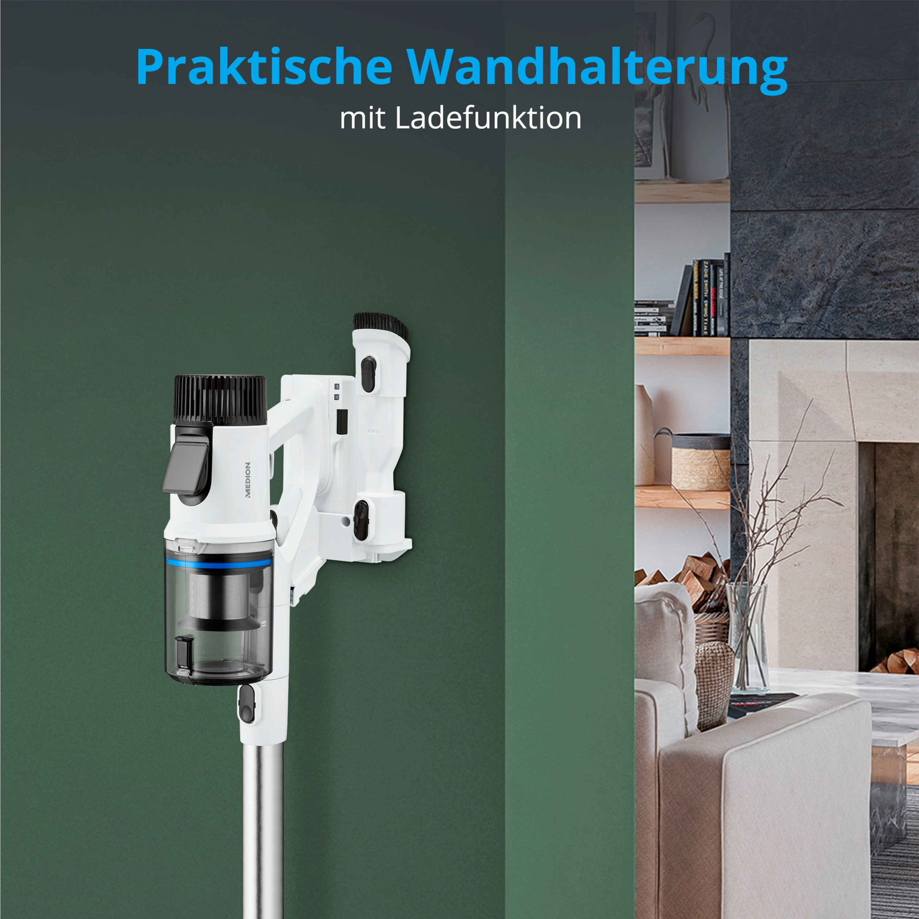 A white vacuum cleaner and charging station mounted on a green wall, a living room in the background.