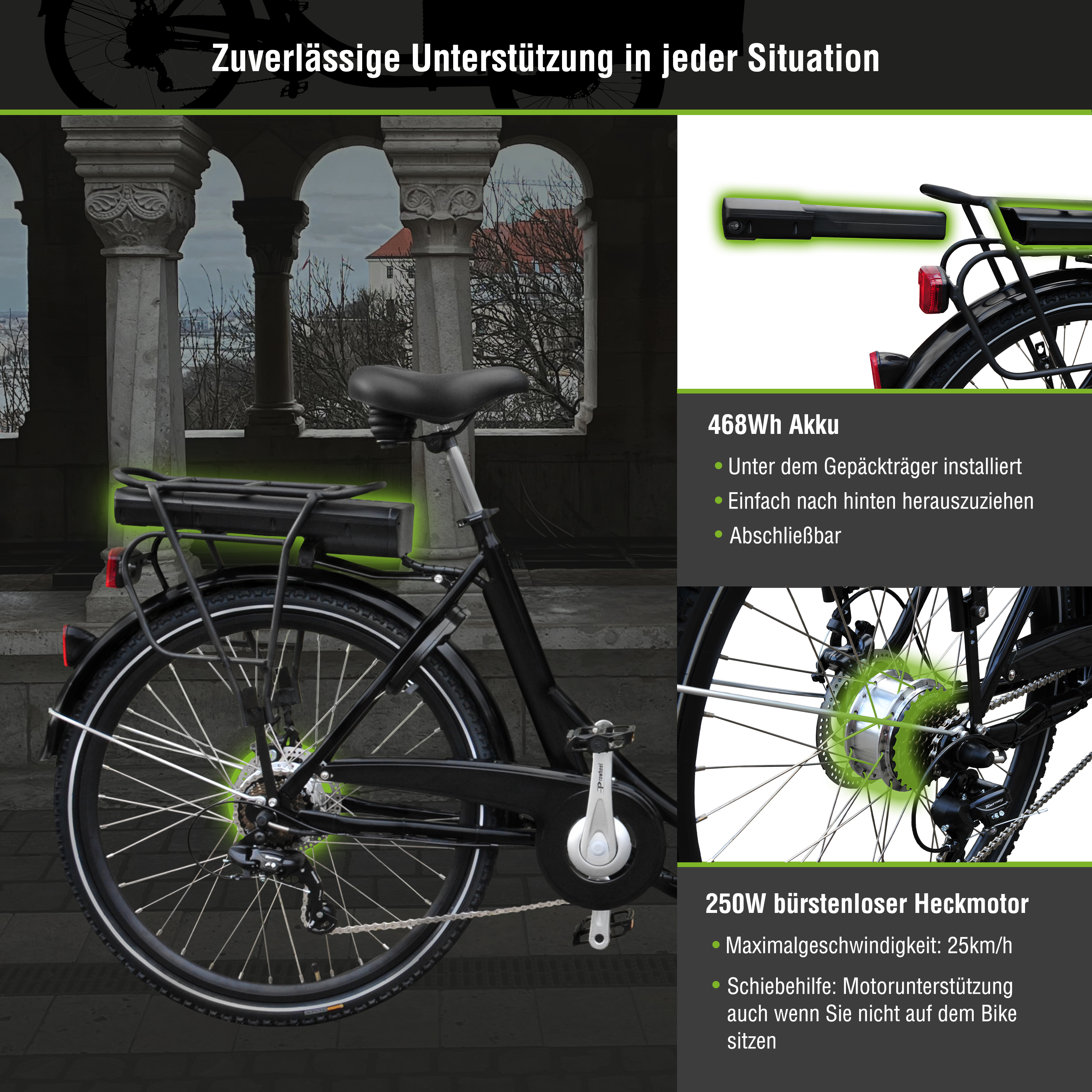 Schwarzes E-Bike mit Akku, Motor und Details grün markiert. Szene umfasst ein Gebäude.