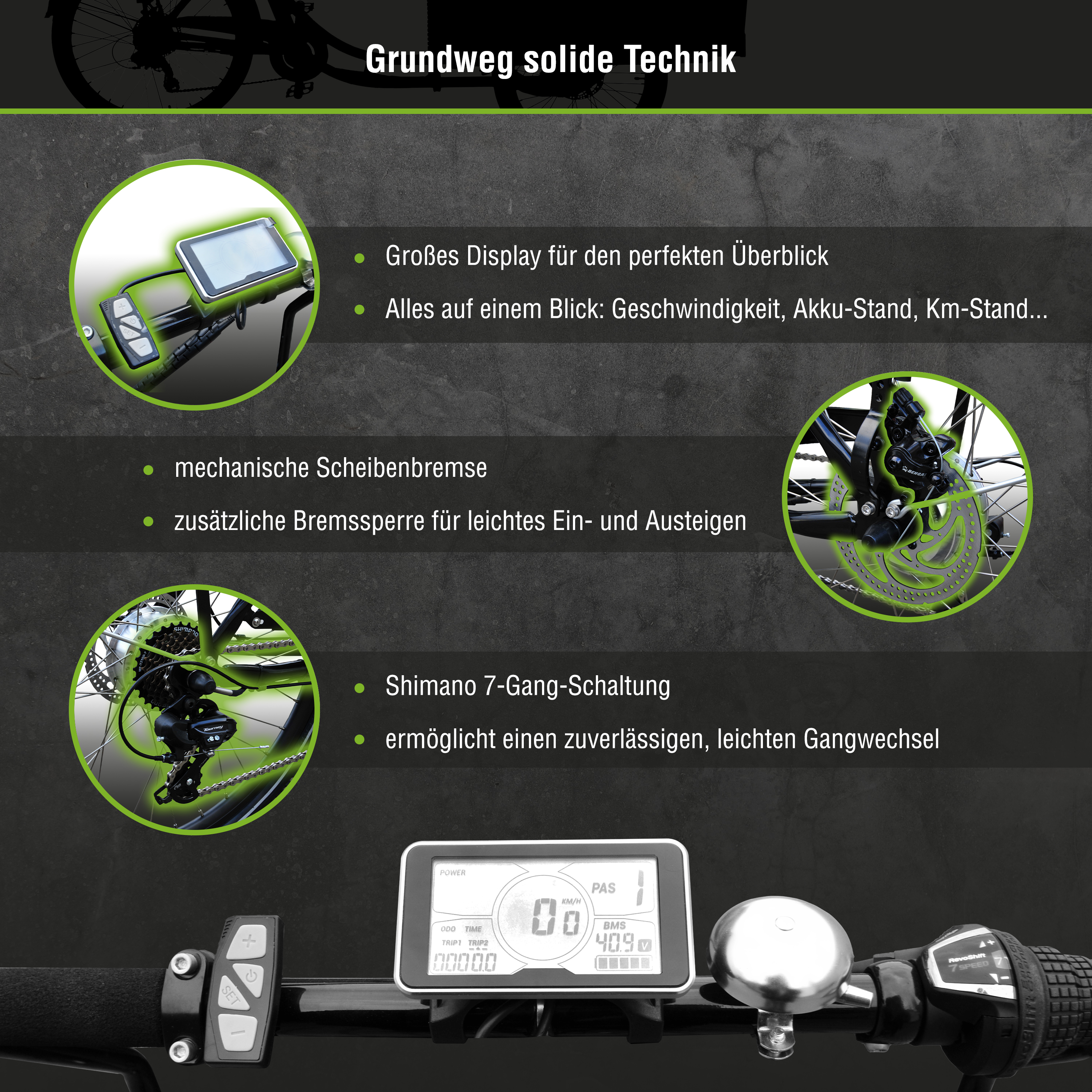 Ein Fahrrad-Display mit Text und Grafiken. Teile des Fahrrads im Hintergrund.