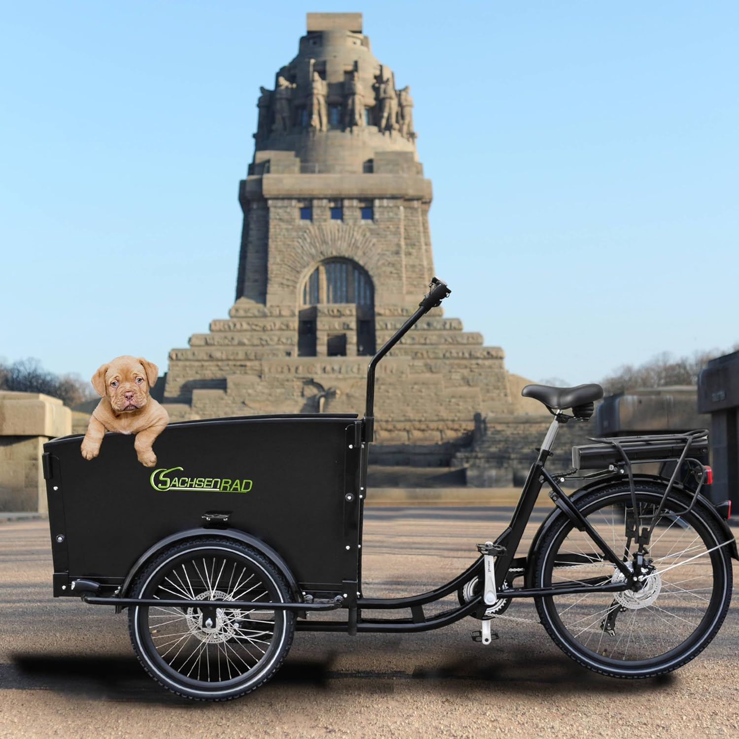 Schwarzes Lastenfahrrad mit Welpen in der vorderen Box, Denkmal im Hintergrund, klarer blauer Himmel.
