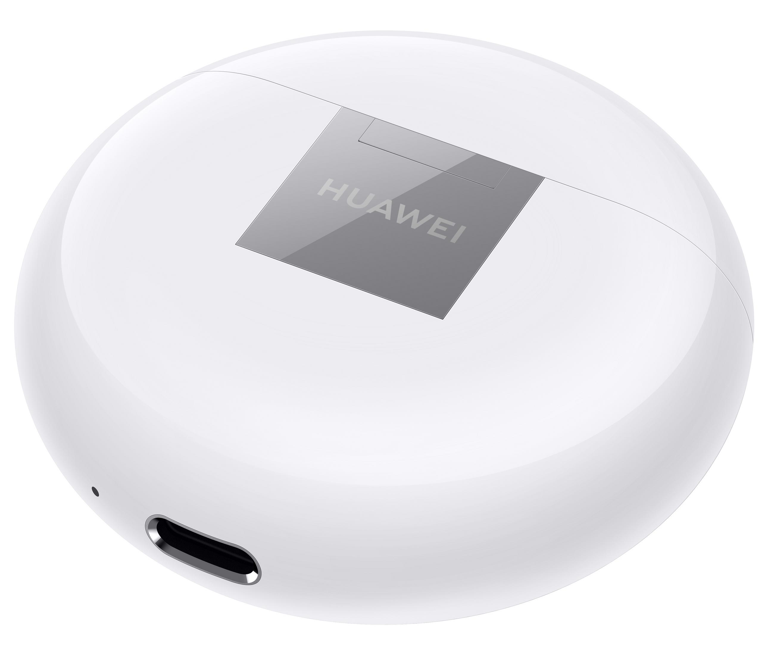 Estuche blanco de auriculares inalámbricos Huawei con el logo de la marca en la parte superior.