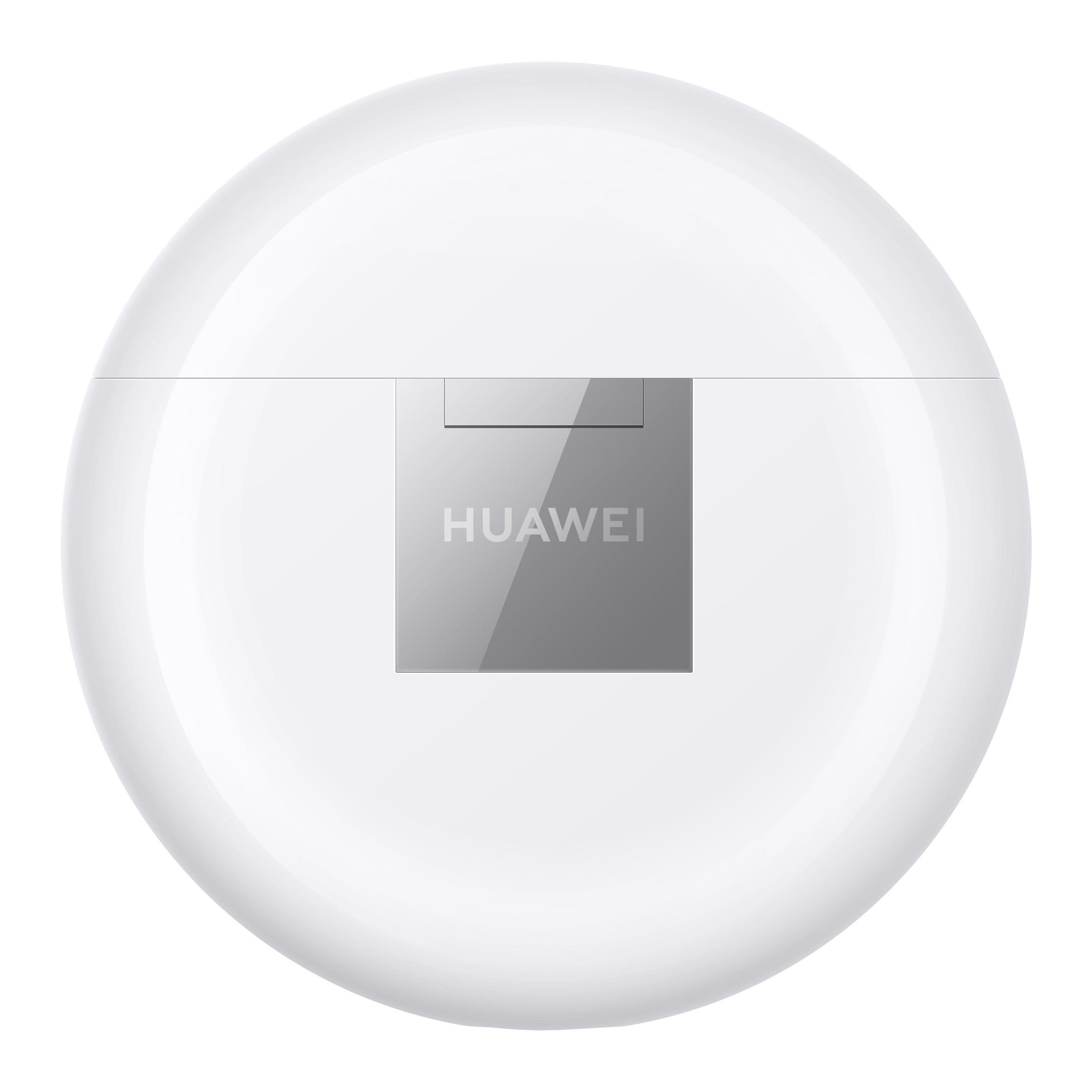 Un estuche de carga blanco y redondeado con un centro gris y el nombre de la marca 'HUAWEI'.