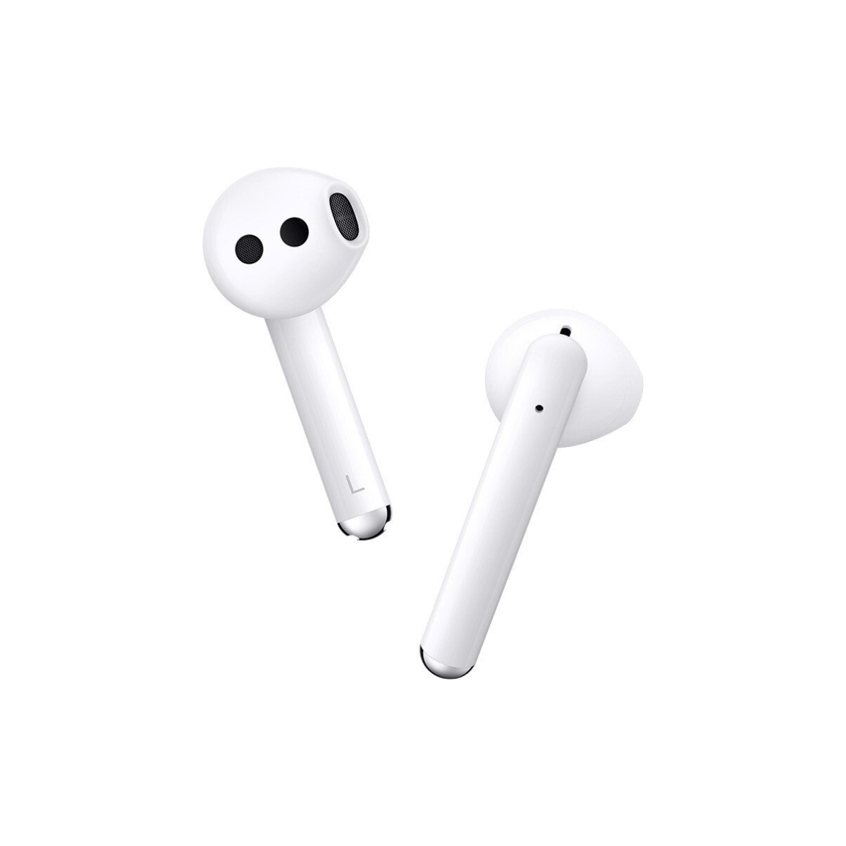 Auriculares inalámbricos blancos, cada uno con micrófono y punta plateada.