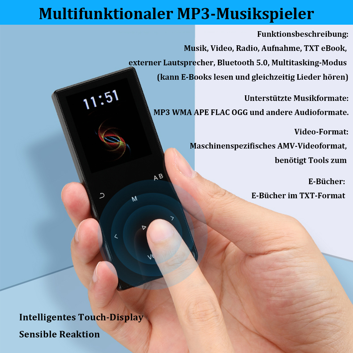 Czarny odtwarzacz MP3 z ekranem dotykowym. Trzyma go ręka. Tekst po niemiecku.
