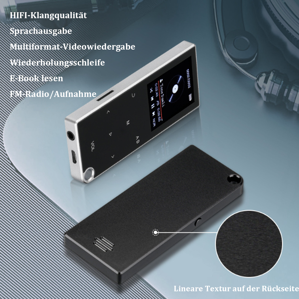 Przenośny odtwarzacz multimedialny i czarne etui z teksturowanym tyłem.