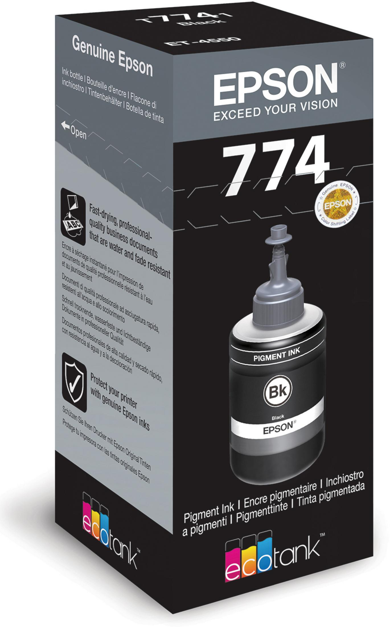 Butelka z tuszem Epson w pudełku, czarno-biała, z tekstem.