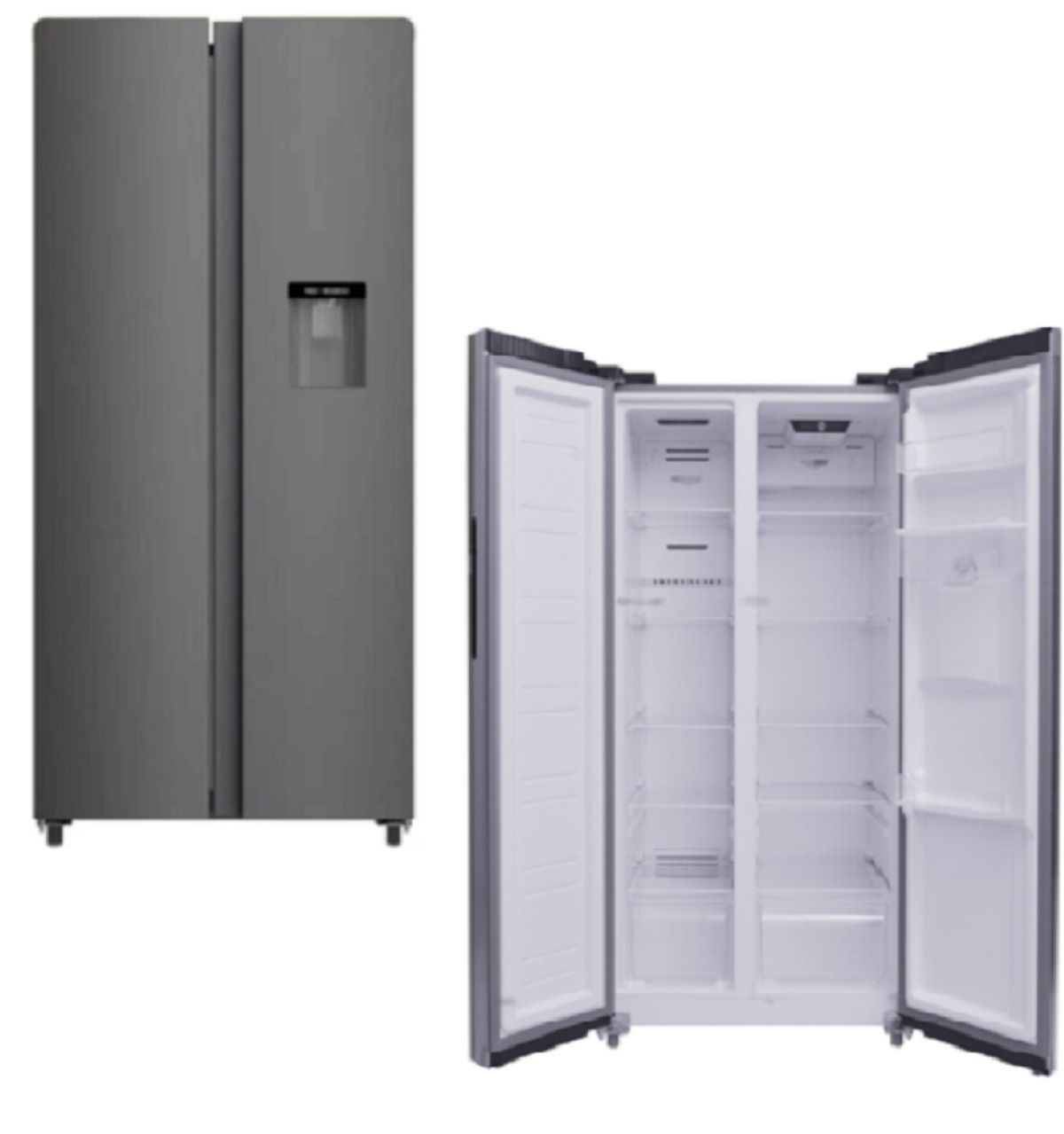 Grauer Side-by-Side-Kühlschrank, geschlossen und offen. Silberner Griff und Wasserspender. Weißer Hintergrund.