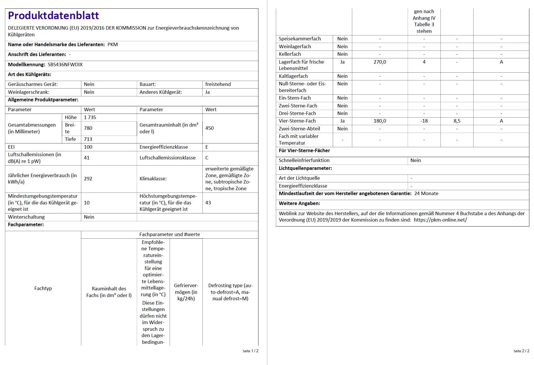 Ein Produktdatenblatt auf Deutsch mit verschiedenen Spezifikationen und Parametern.