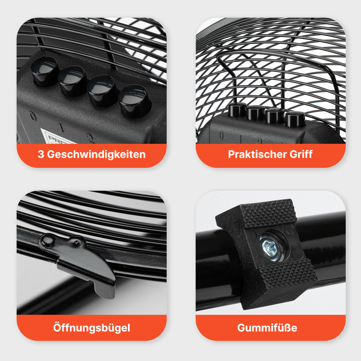 Elementy wentylatora: przyciski, uchwyt, otwór, nóżki, zbliżenia.