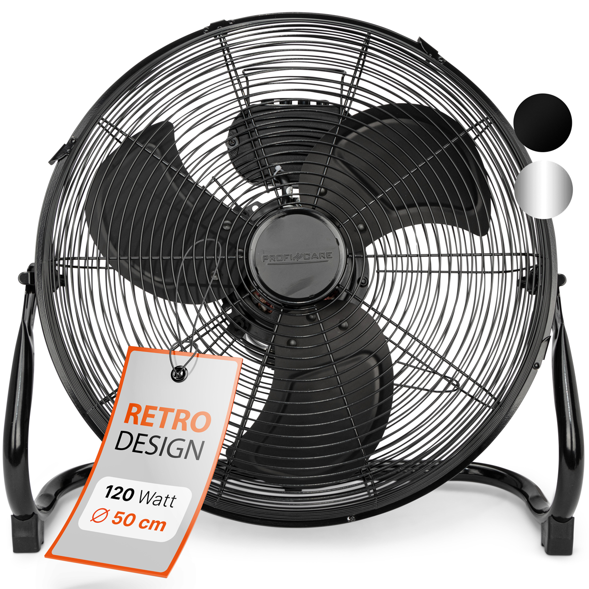 Czarny wentylator retro z etykietą.