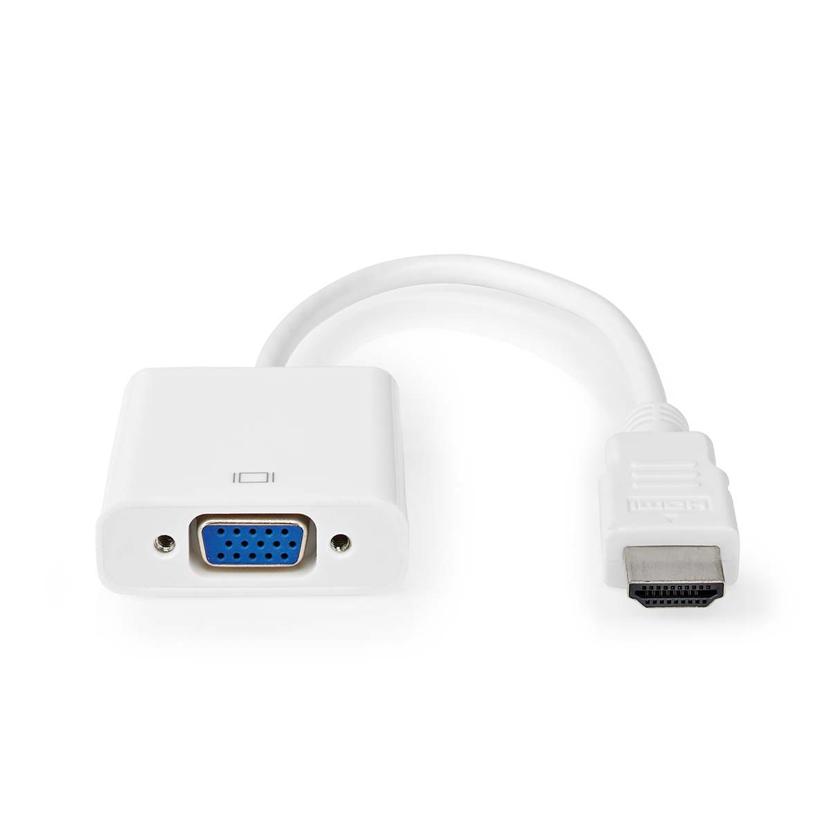 Ein weißer VGA-zu-HDMI-Adapter mit weißen Kabeln und Anschlüssen. Die Anschlüsse sind sichtbar.