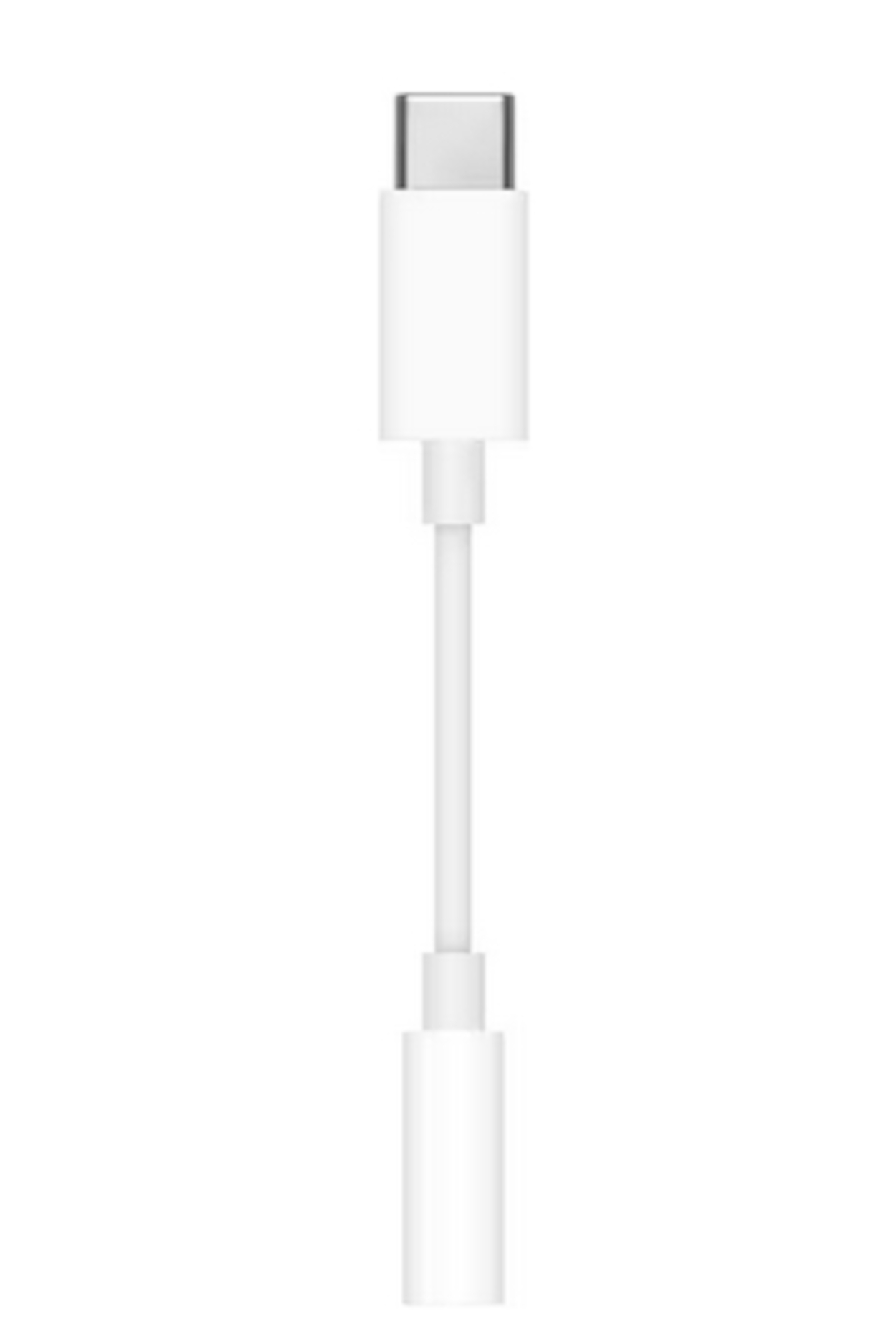 Weißer USB-C-zu-3,5-mm-Audioadapter. Der Adapter ist lang und weiß.