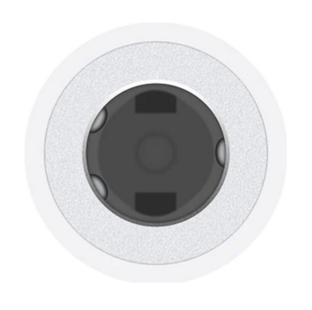 Ein weißer Audioadapter. Der Adapter hat ein weißes Äußeres und einen dunklen Innenausgang.