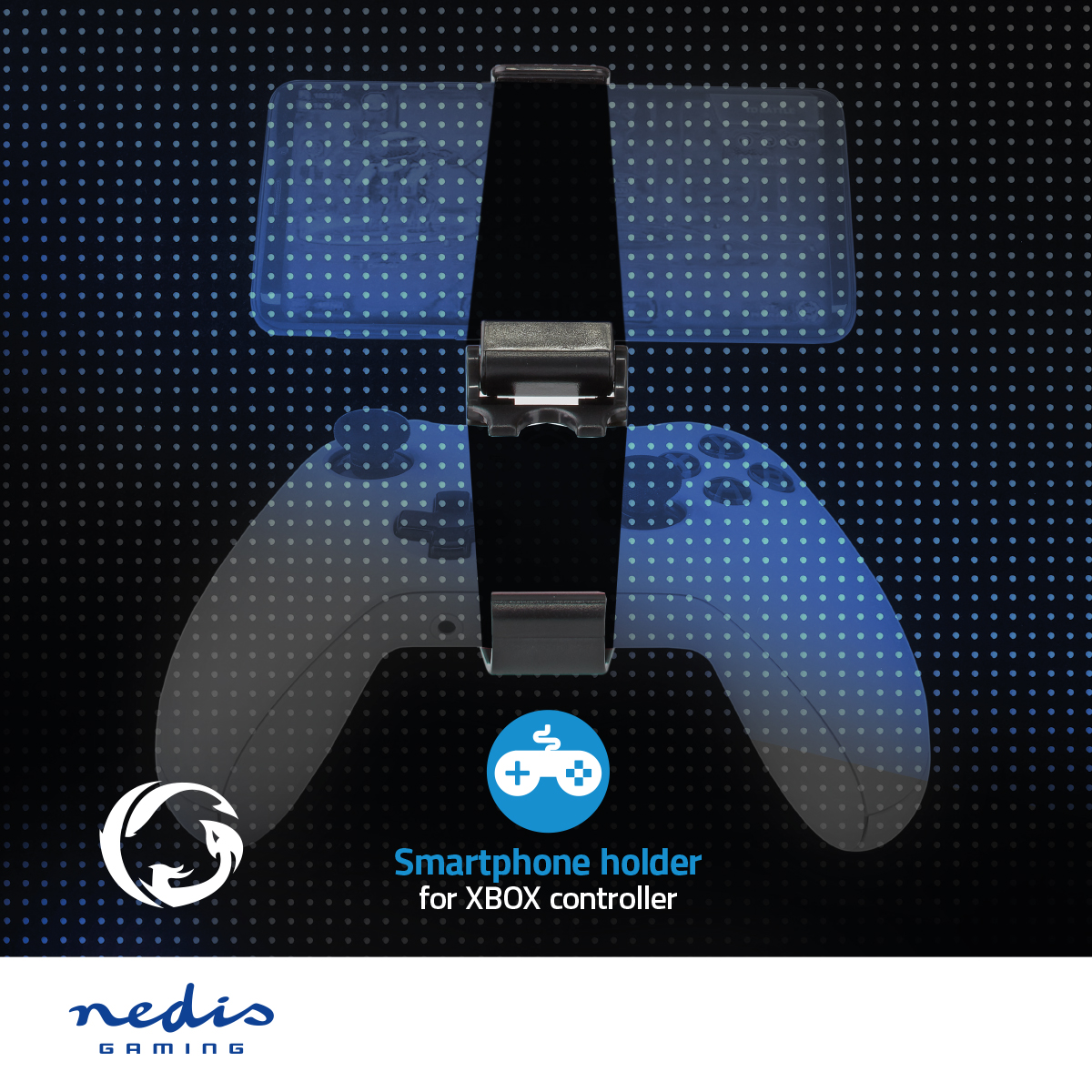 Smartphonehouder voor Xbox-controller, met een blauwe, getextureerde achtergrond.