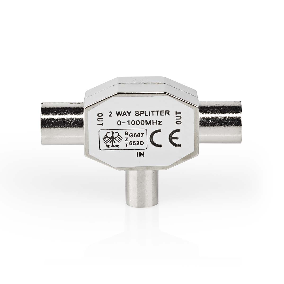 Uno splitter a 2 vie argentato con testo e sfondo bianco. È etichettato IN, OUT e ha un marchio CE.