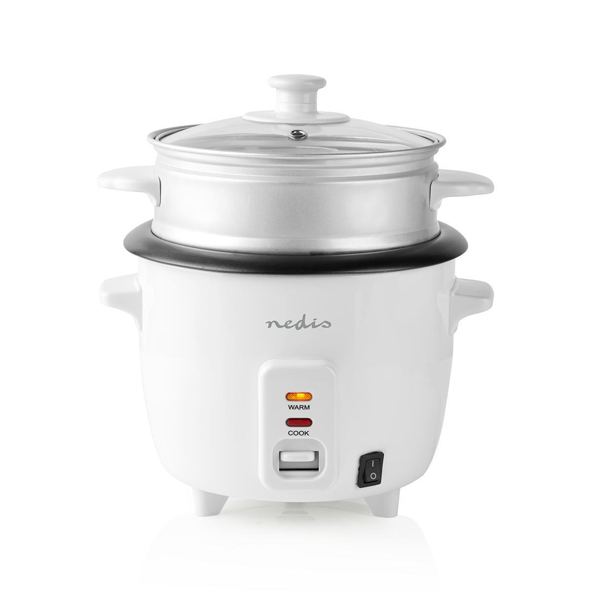 Cuociriso bianco con coperchio in vetro. Il cuociriso ha una base nera e pulsanti 'cook' e 'warm'.