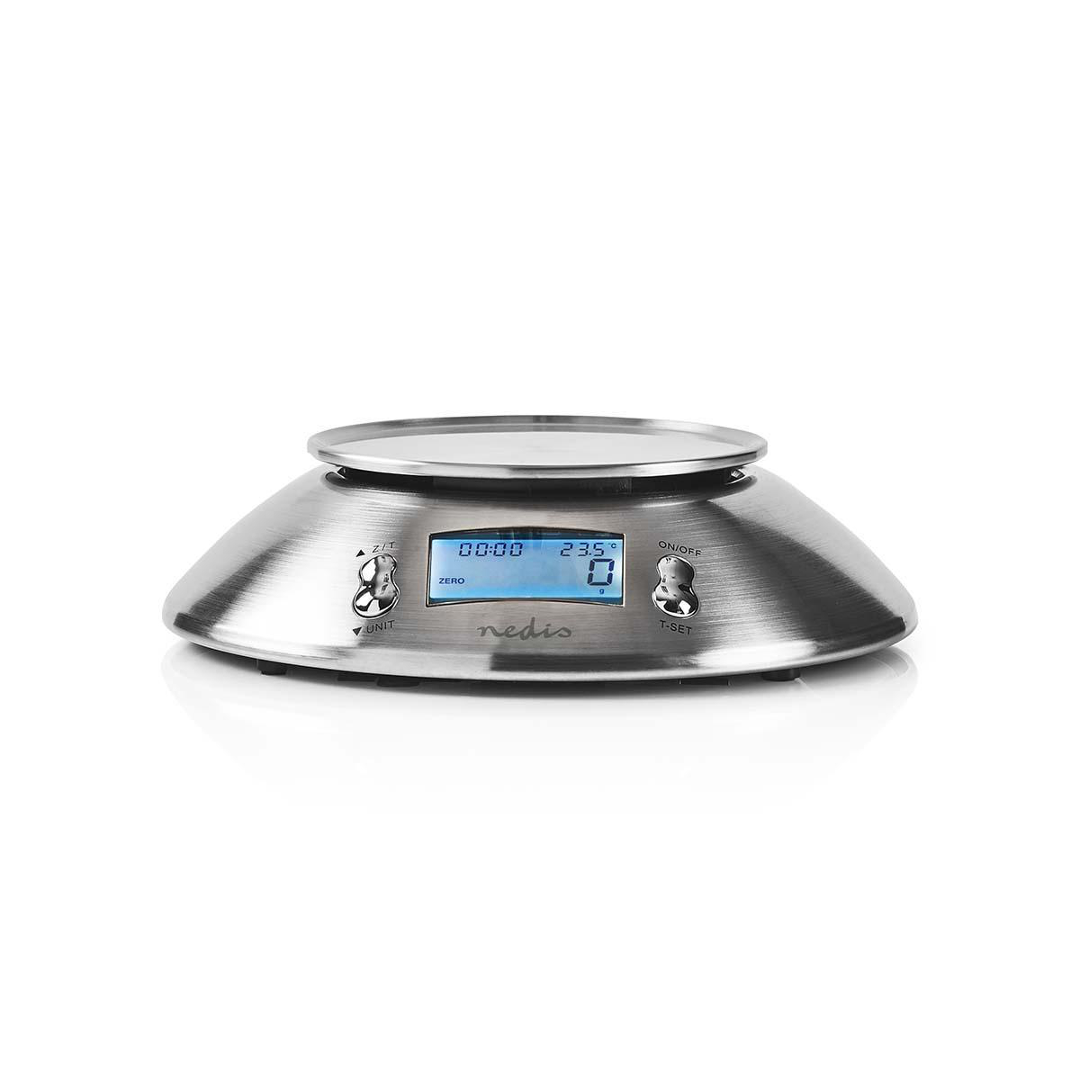 Bilancia da cucina argentata con display digitale che mostra zero. Ha pulsanti per unità e on/off.