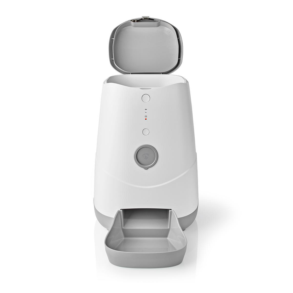 White and gray pet feeder with a lid open, on a white background.