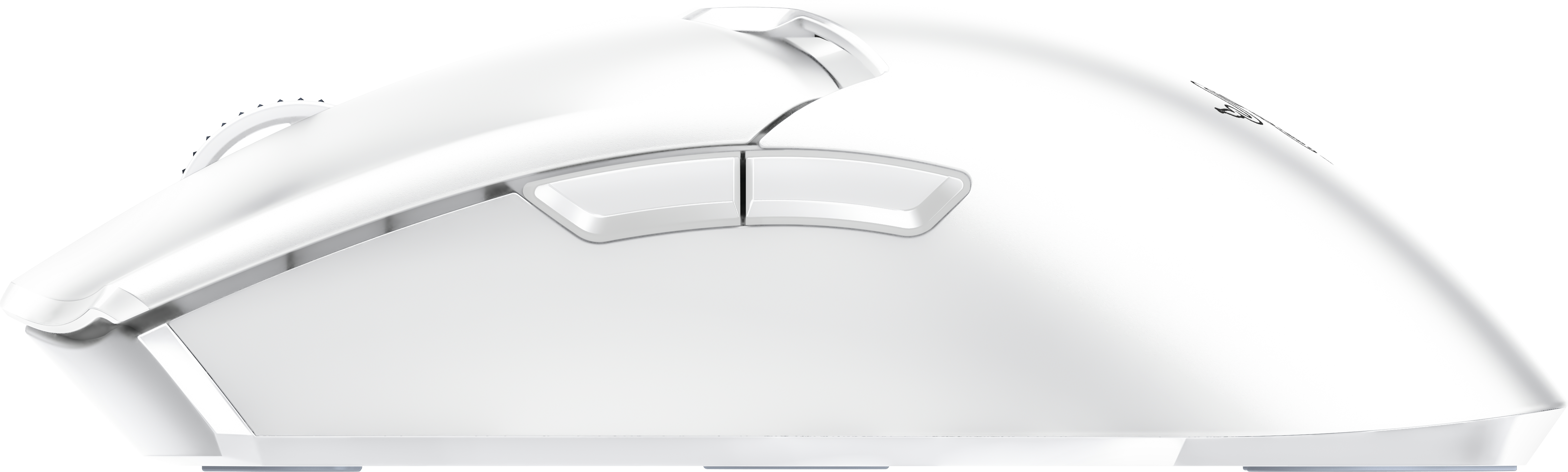 Mouse per computer bianco, vista laterale, con pulsanti, rotella e base.
