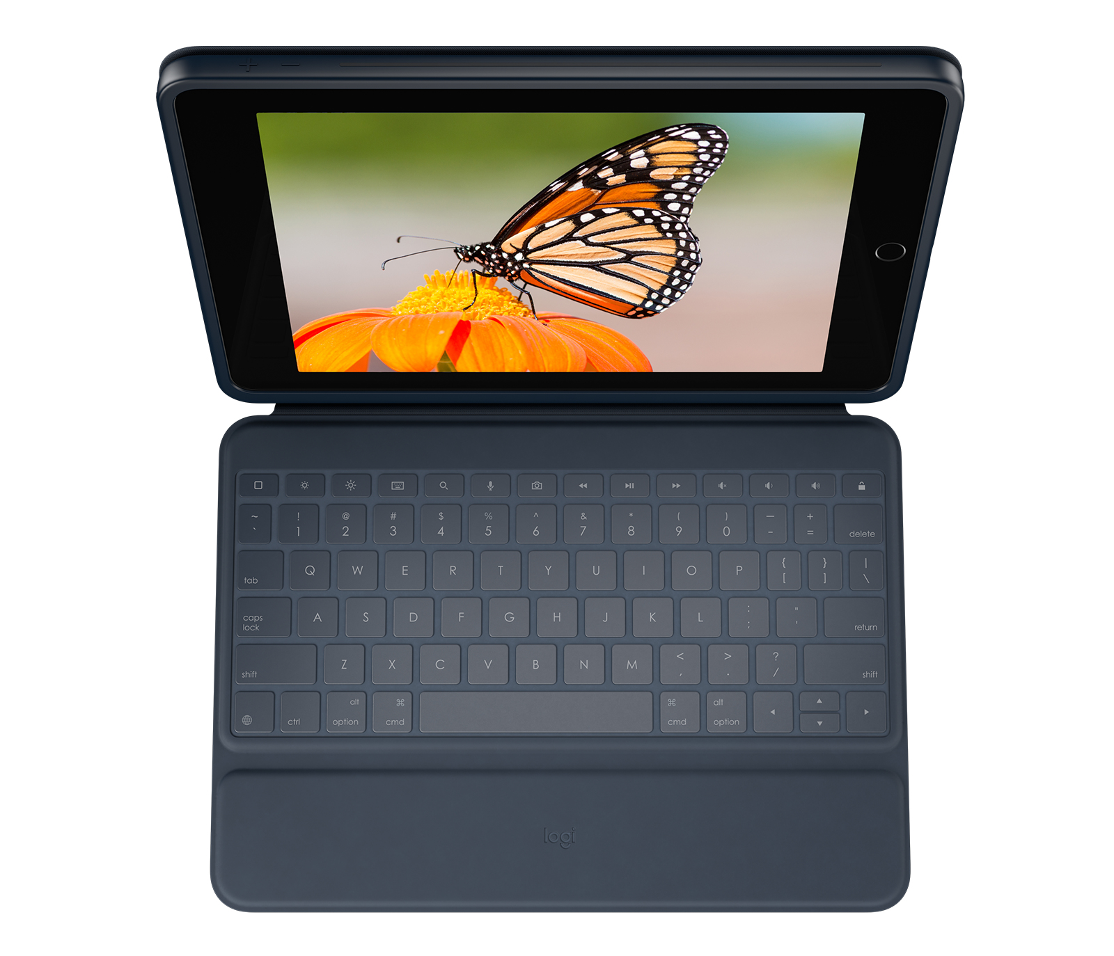 Tablet in custodia blu, schermo mostra farfalla su fiore arancione, tastiera nera sotto.