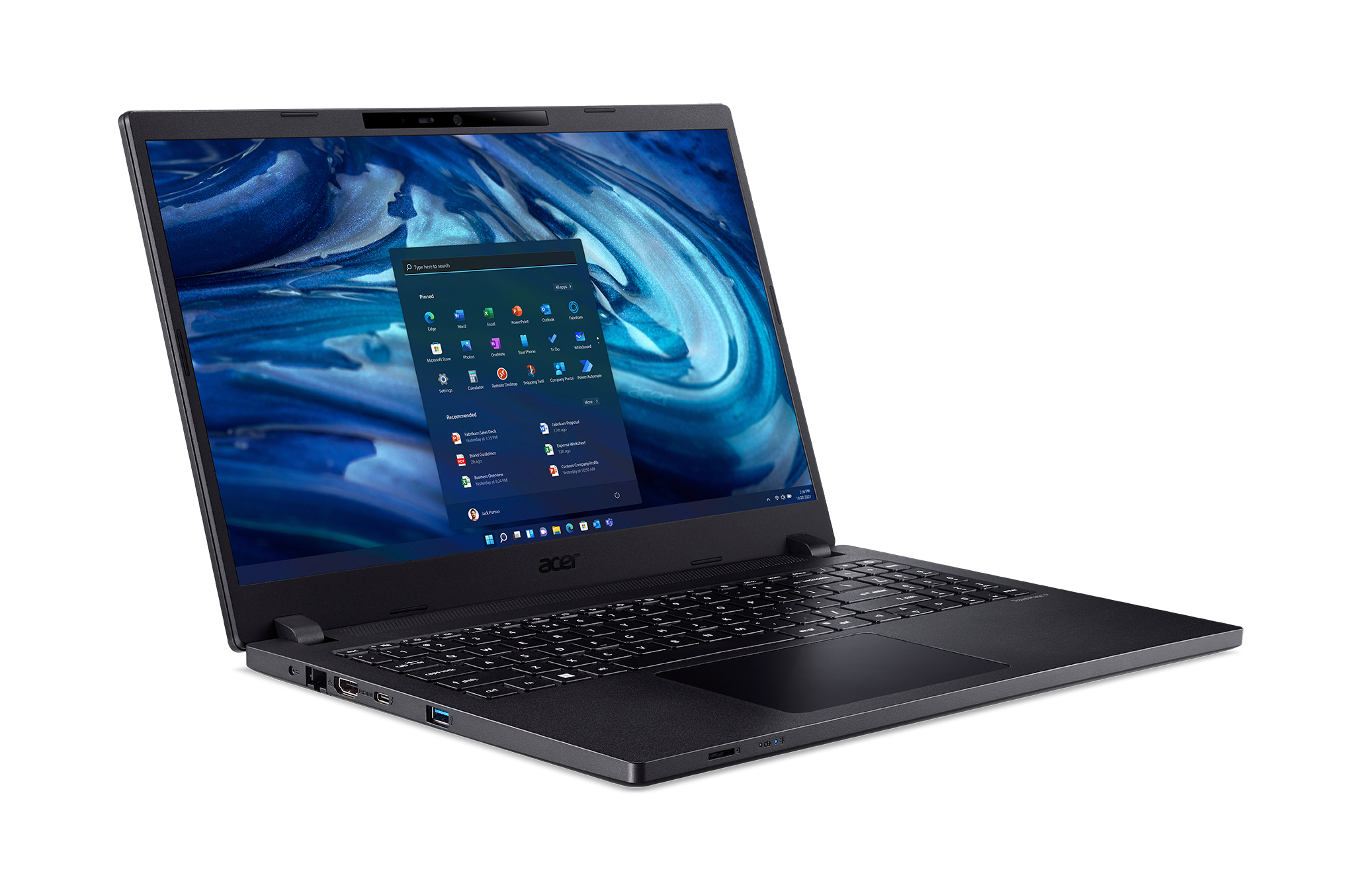 Un ordinateur portable Acer noir sur une surface blanche, avec un fond bleu sur l'écran.