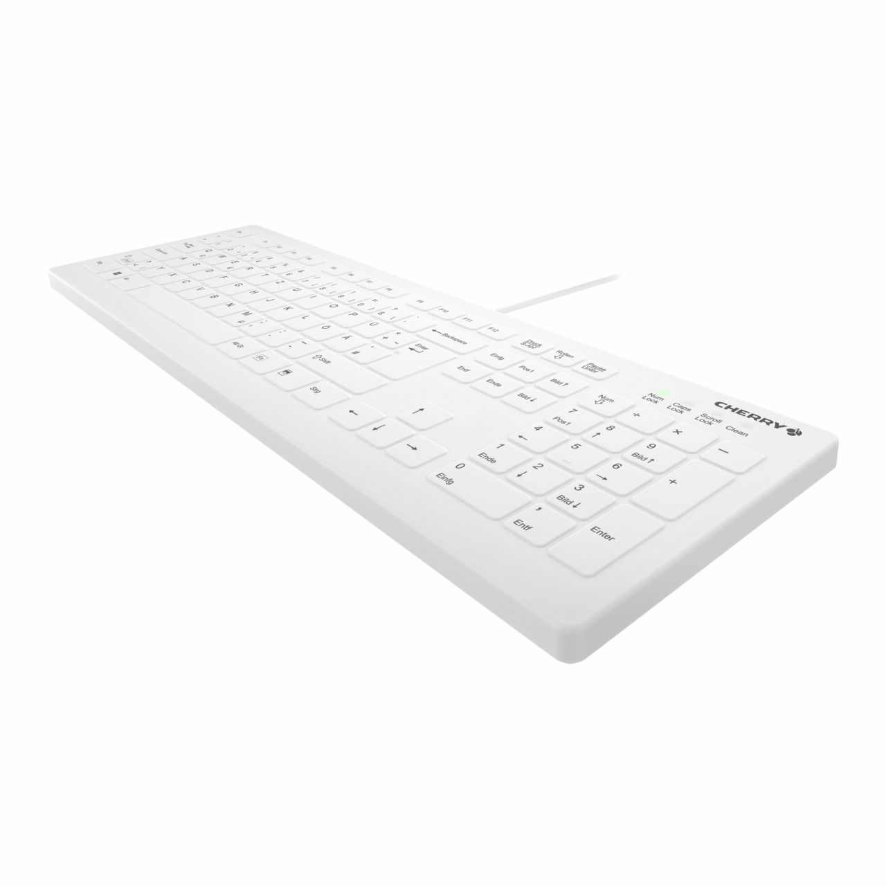 Weiße Tastatur mit schwarzen Tasten und Zahlen. Weißer Hintergrund.