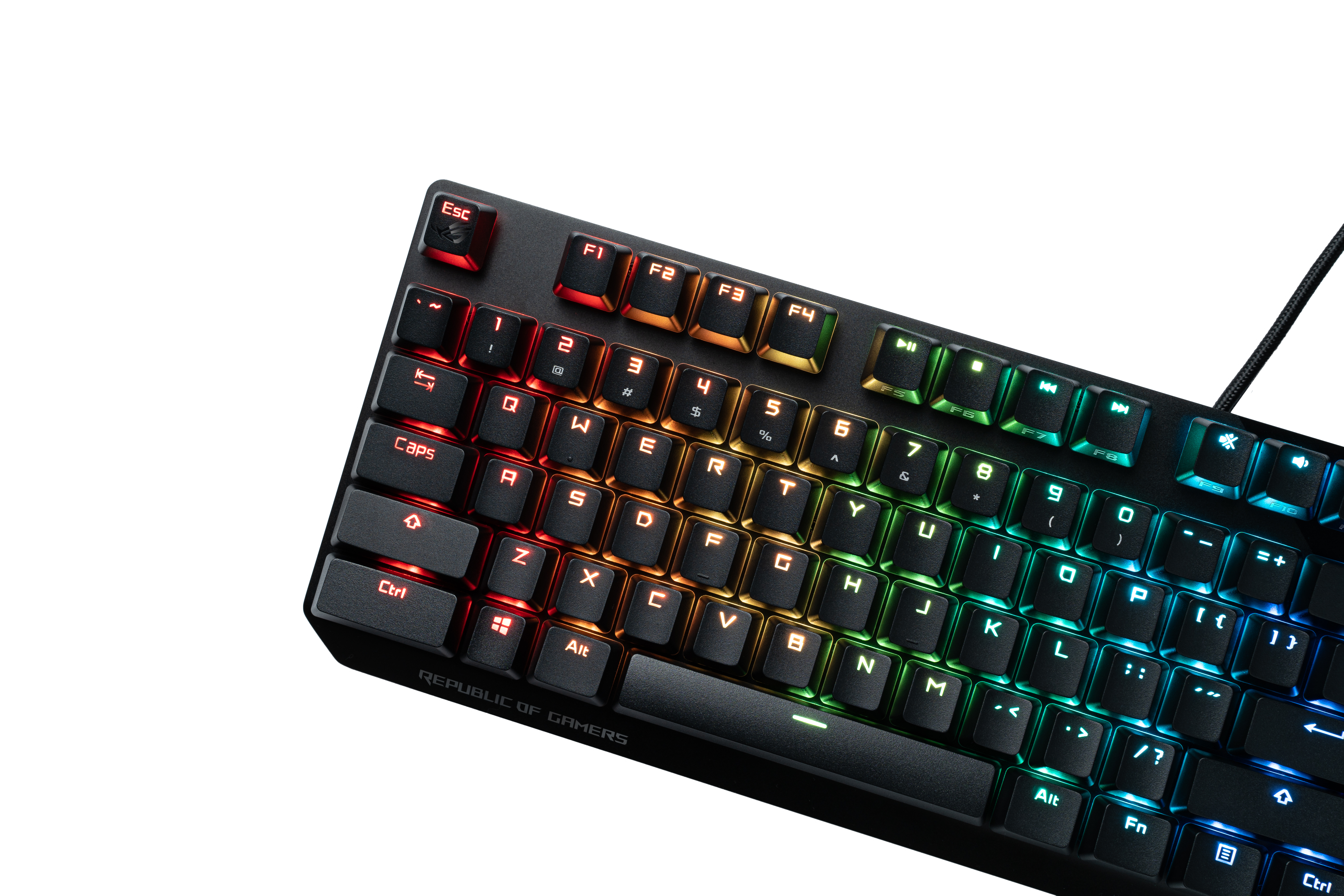 Una tastiera RGB nera con tasti luminosi. Il logo ROG è visibile e i tasti sono angolati.