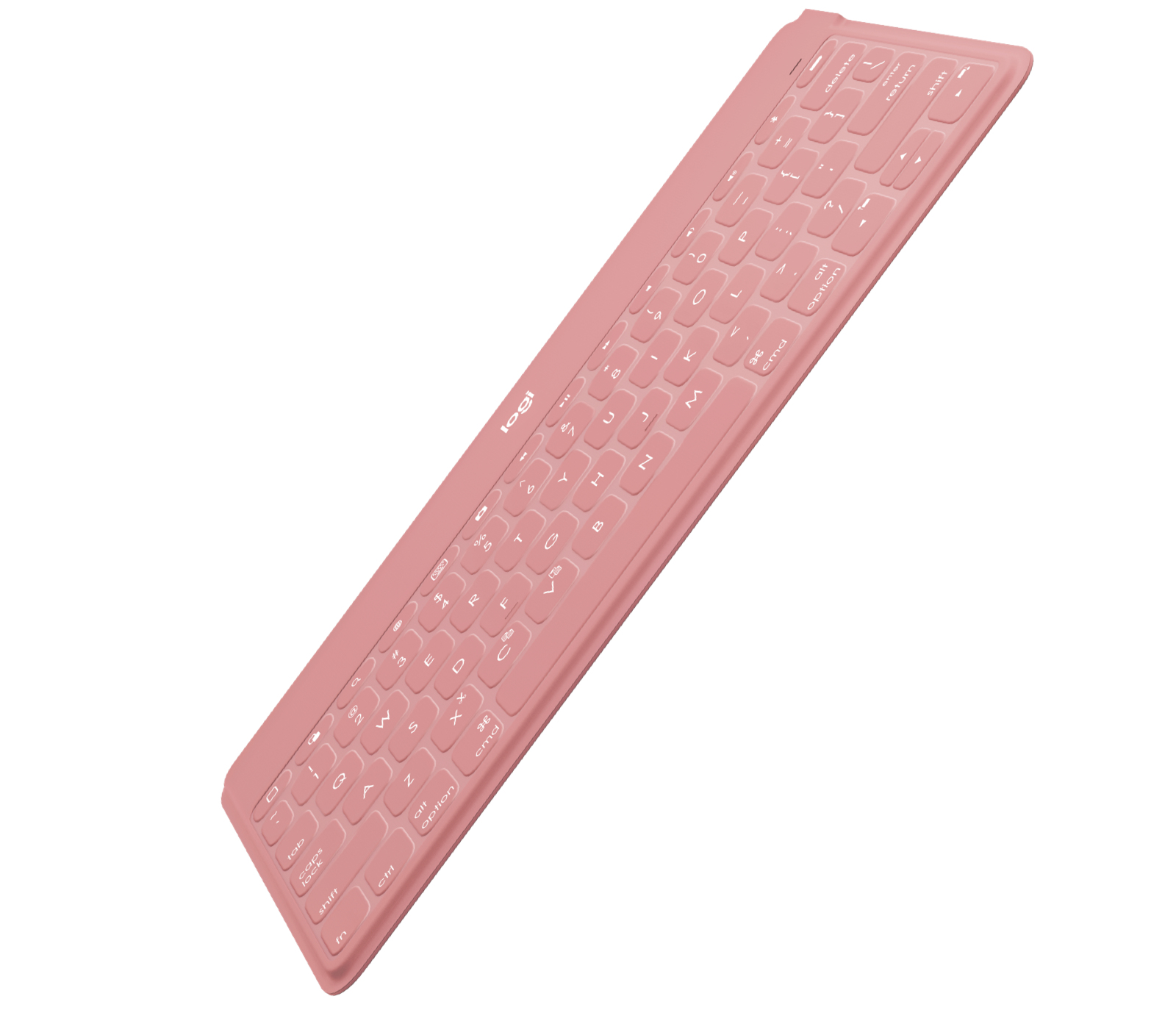 Teclado inalámbrico rosa sobre fondo blanco. El logotipo de Logi es visible.