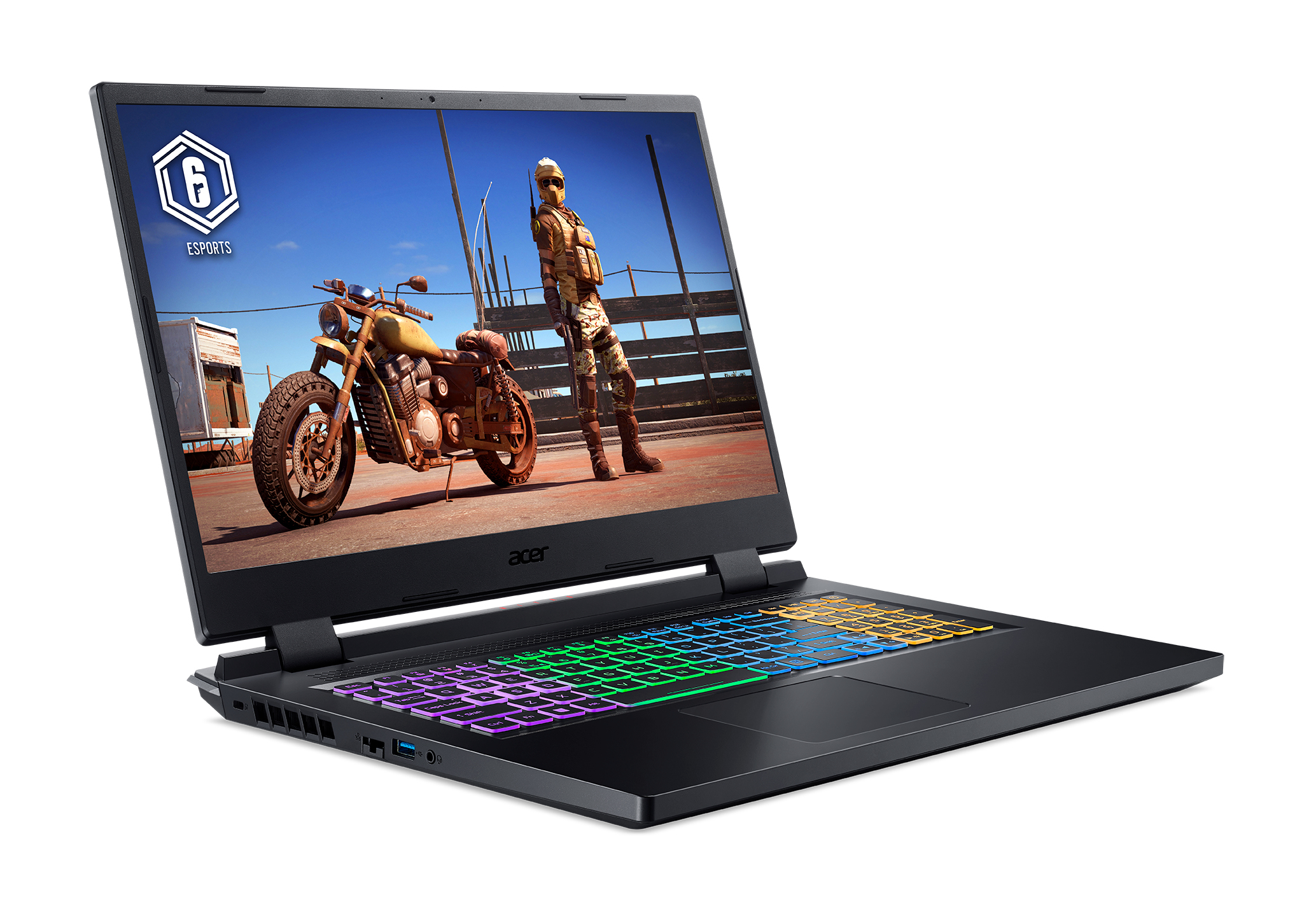 Schwarzer Laptop offen auf einem Schreibtisch. Der Bildschirm zeigt eine Spielszene.
