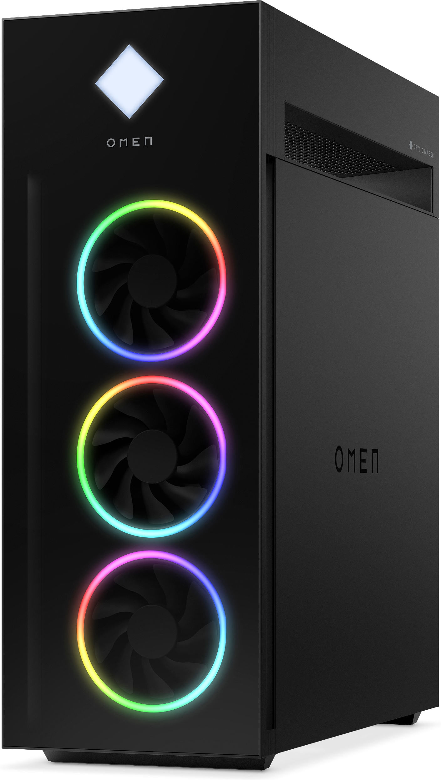 Black OMEN gaming PC with three colorful fans. The case has a diamond shape logo.