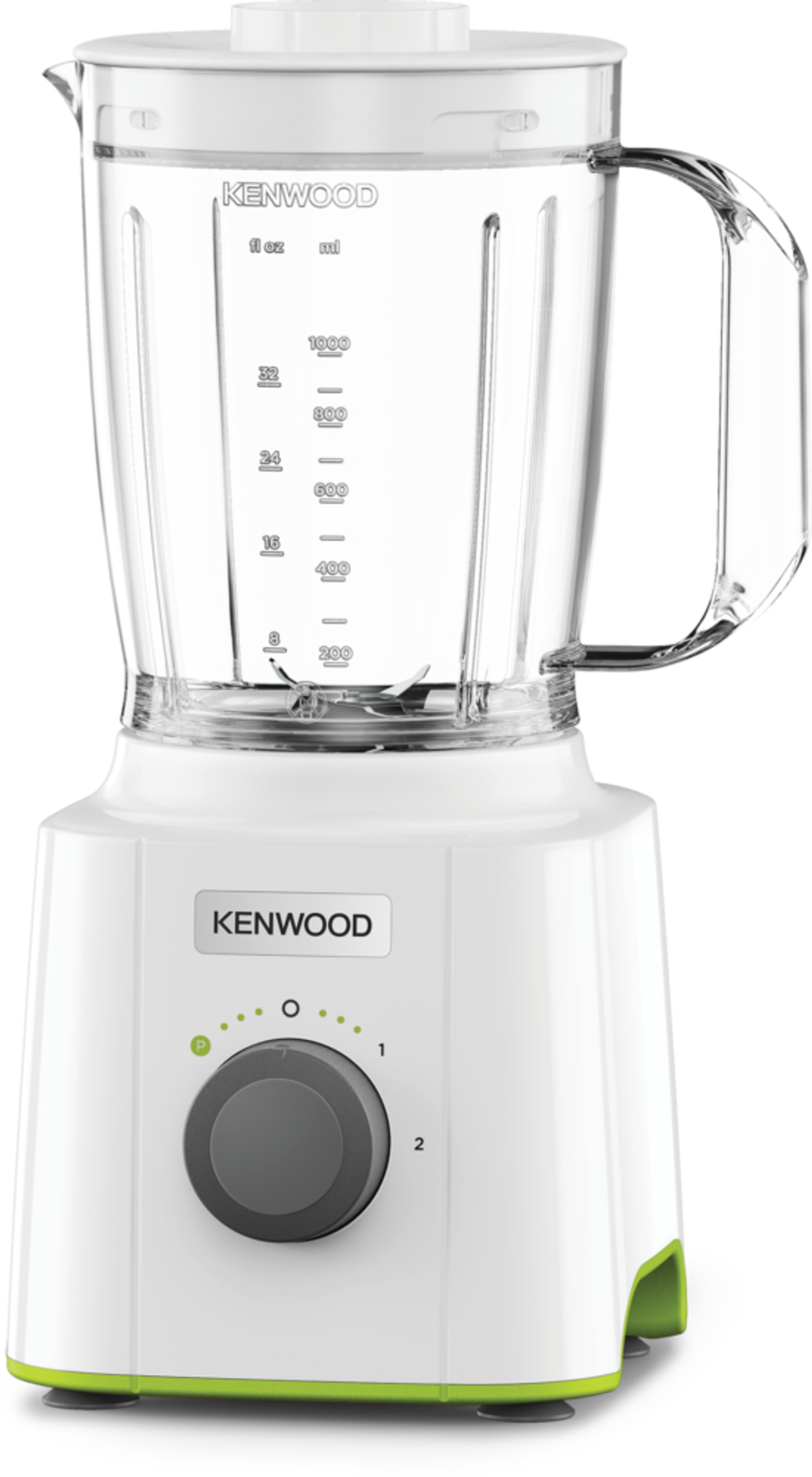 Biały blender z zielonymi akcentami. Przezroczysty dzbanek z miarkami. Pokrętło z poziomami.