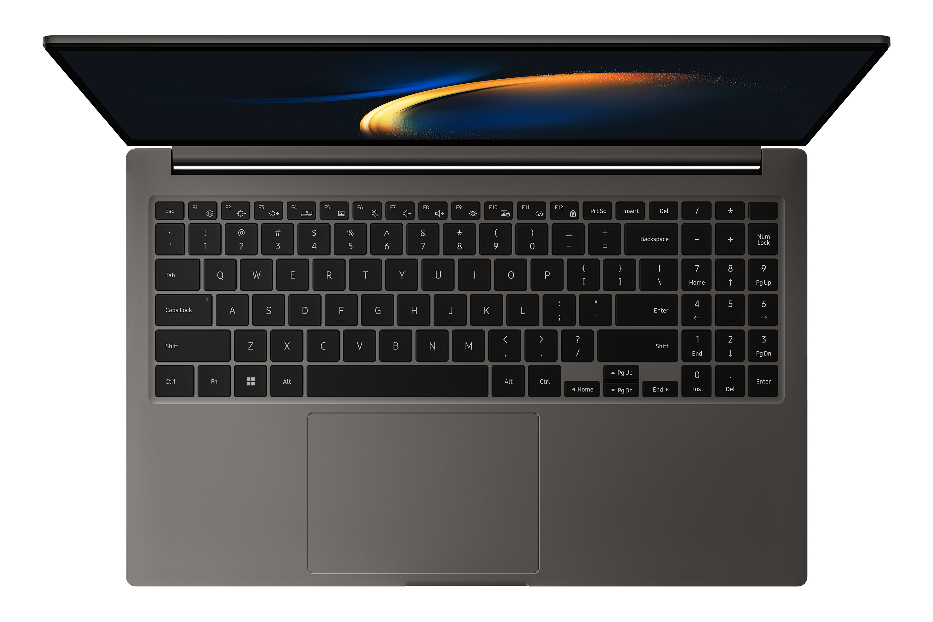 Laptop grigio, aperto con la tastiera rivolta verso l'alto. Tasti neri, cornice grigia, schermo nero.
