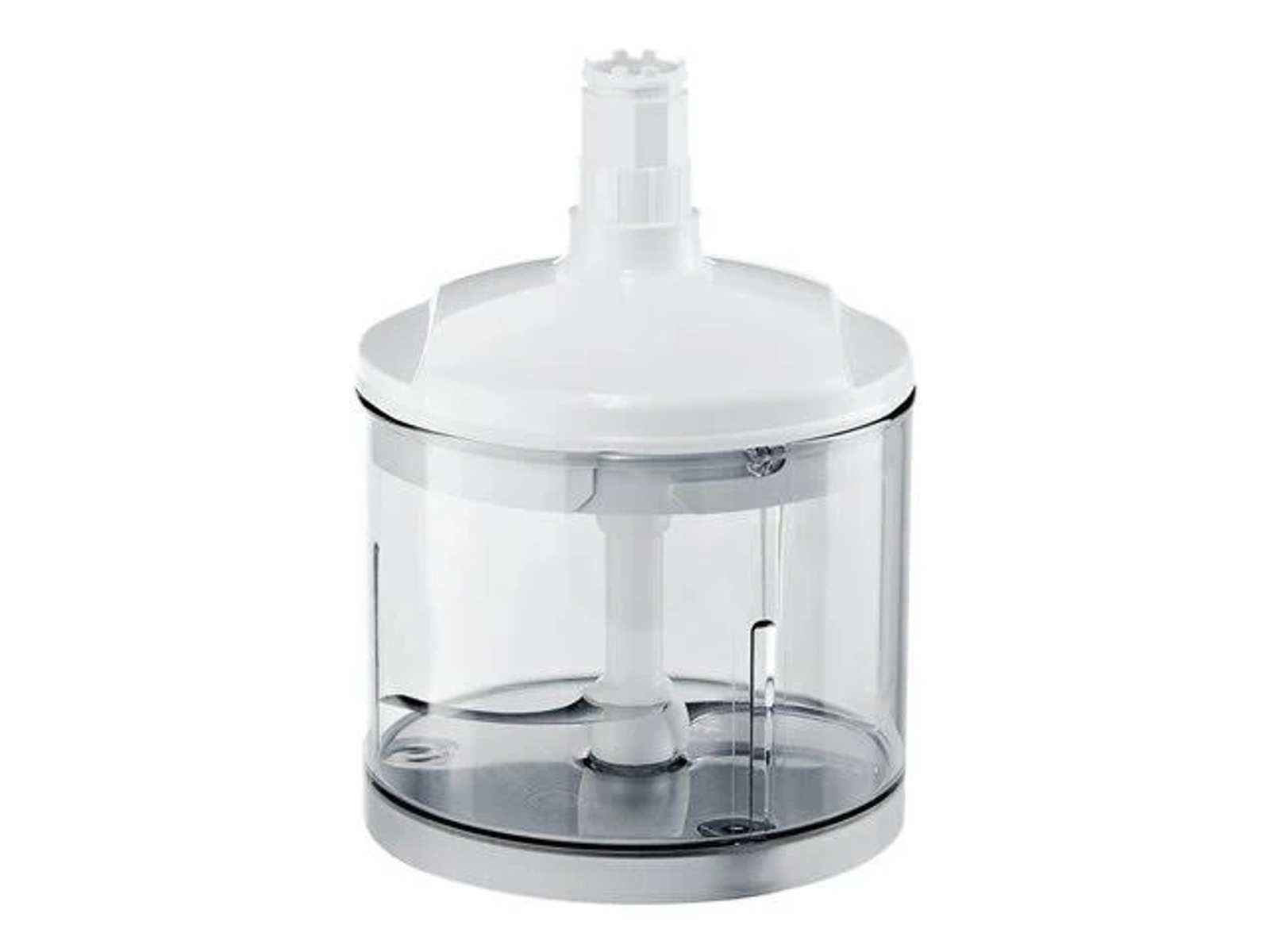 Biały robot kuchenny z przezroczystą plastikową misą i srebrną podstawą.