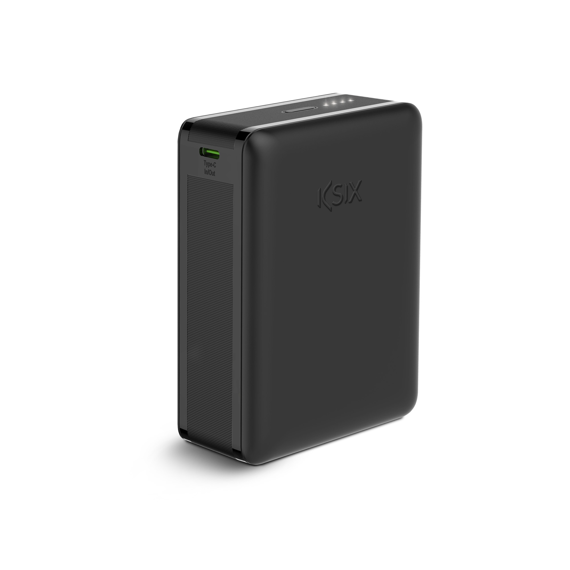Power bank KSIX nera con porta Type C in/out, isolata su sfondo bianco.