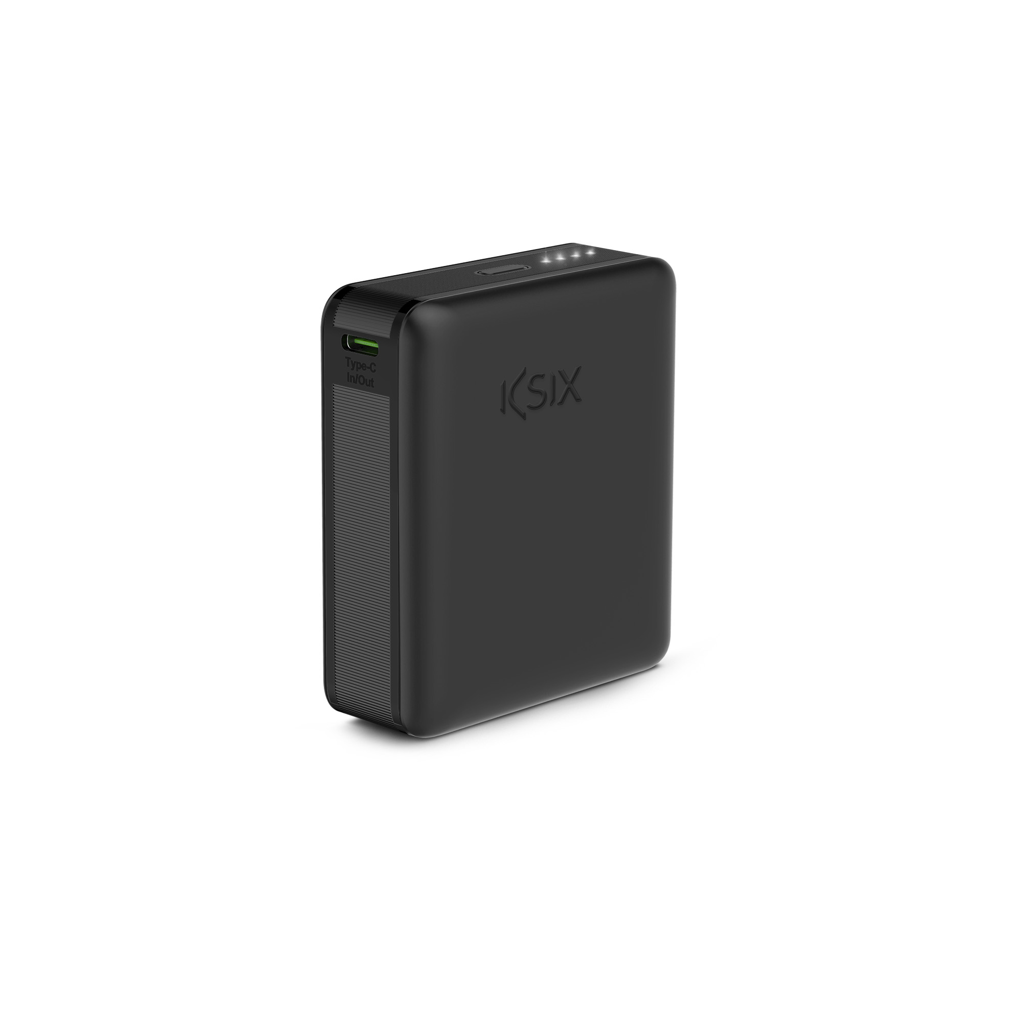 Power bank nero con ingresso Type-C verde. Logo KSIX sul davanti.