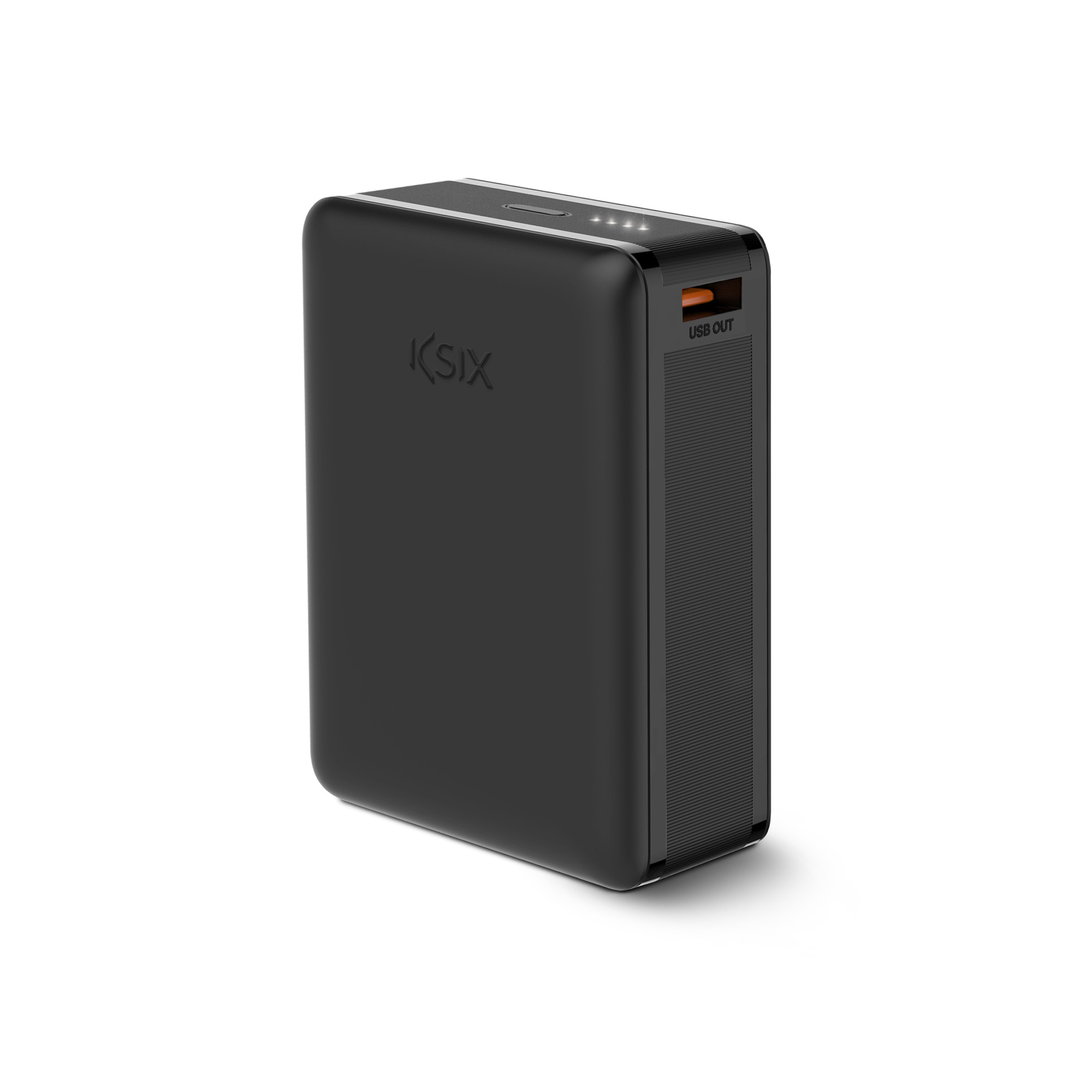 Power bank nero con logo KSIX e porta USB, angolato su una superficie bianca.
